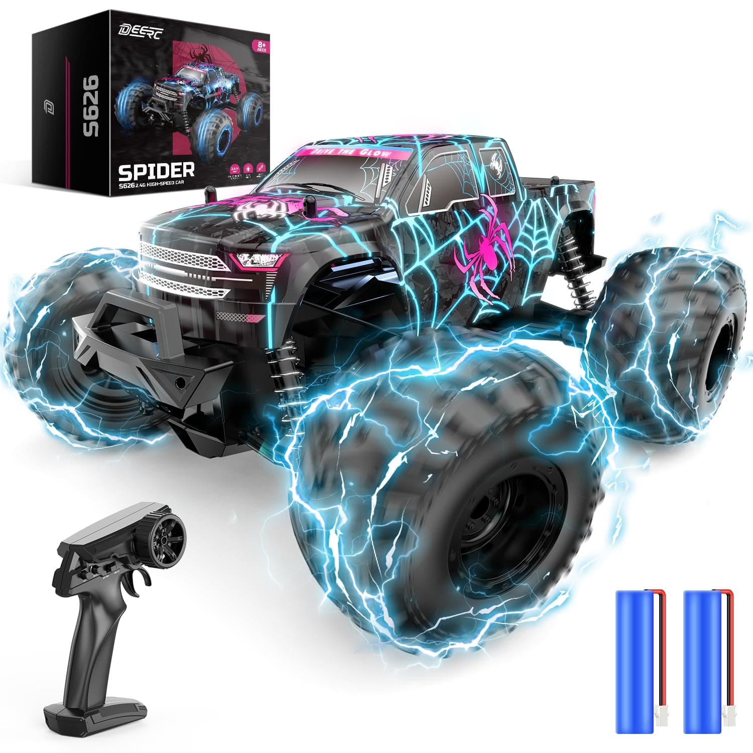 1/16 Glowing Spider Remote Control Car - 15KM/H Fast RC Cars W/2 Rechargeable Batteries for 30 Min Play, All Terrain Off-Road Monster Truck Toys for Boys Kids Age 4-7 8-12 Birthday Xmas Gift