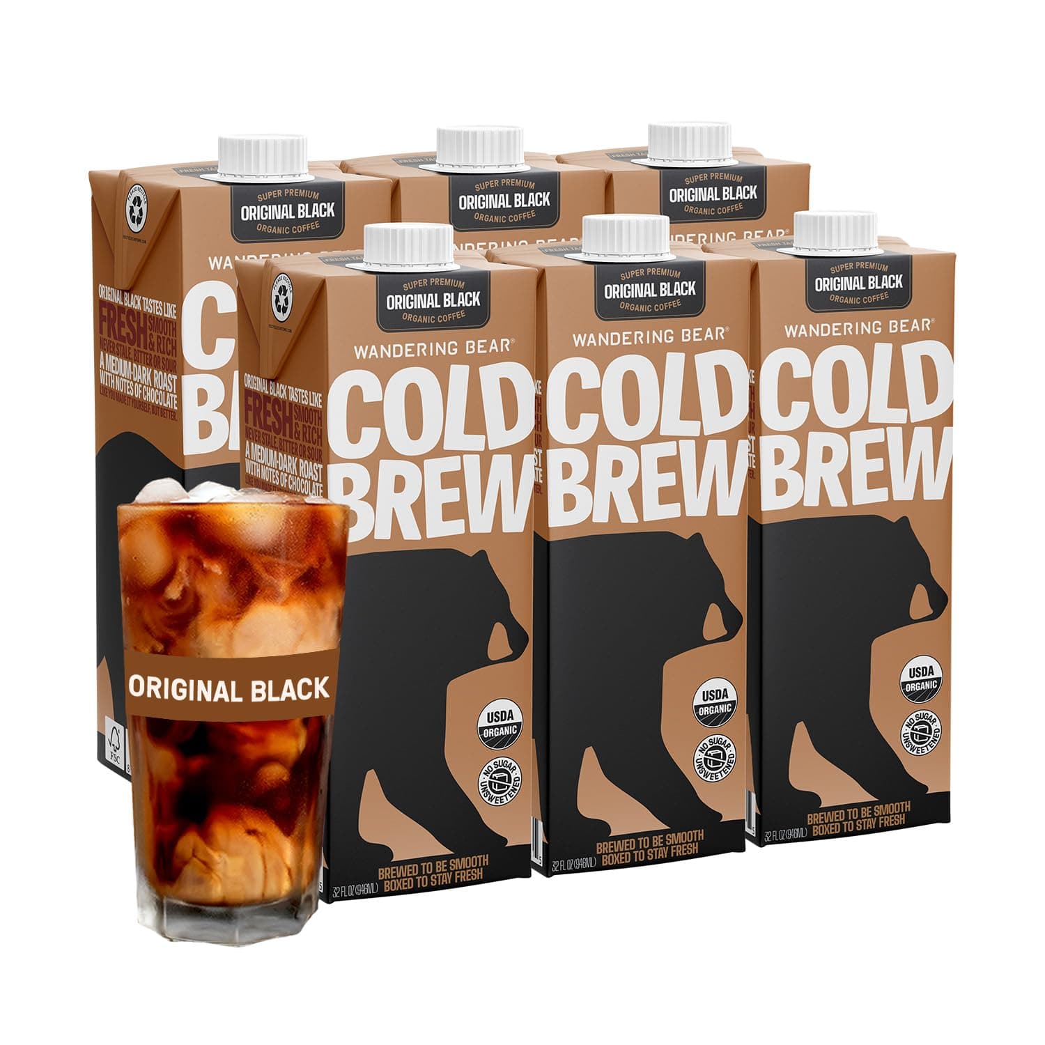 Wandering Bear Straight Black Organic Cold Brew Coffee - Extra Strong, Bold, Smooth, Unsweetened, Shelf-Stable, Ready to Drink & Vegan, 100% Organic Iced Cold Brewed Coffee Drink - 32 fl oz, 6 pack