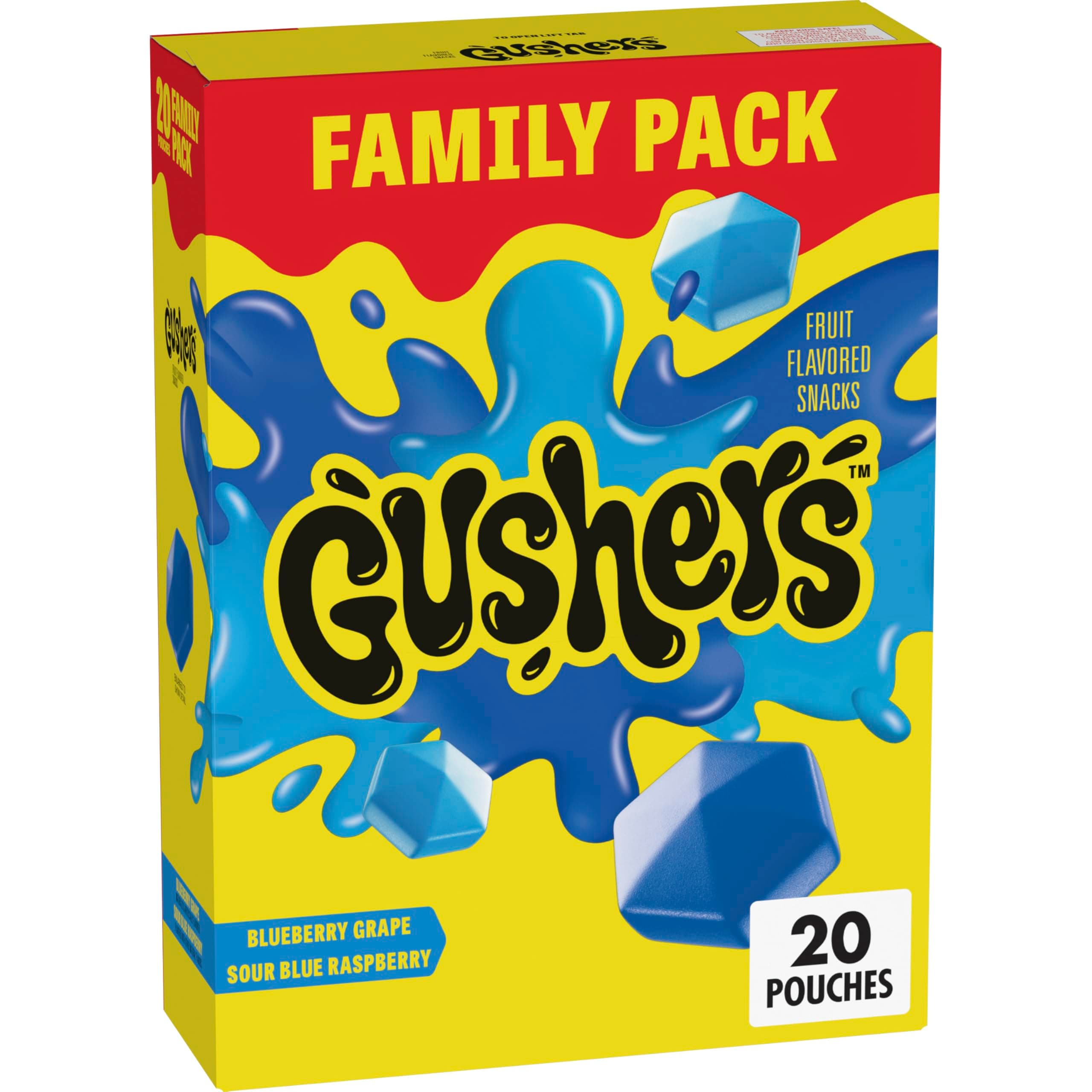 Gushers Fruit Flavored Snacks, Blueberry Grape, Sour Blue Raspberry, 20 Pouches, Family Pack, 16 oz