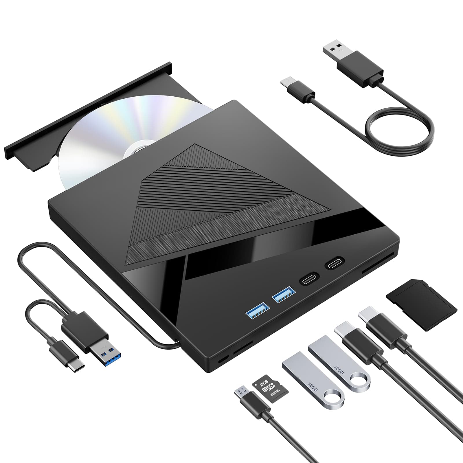 External CD/DVD Drive, USB 3.0 and Type-C DVD Player Portable +/-RW Burner, CD Reader Rewriter Writer Disk Duplicator CD Player Compatible with Latptop PC Windows XP/7/8/10, Linux Mac OS