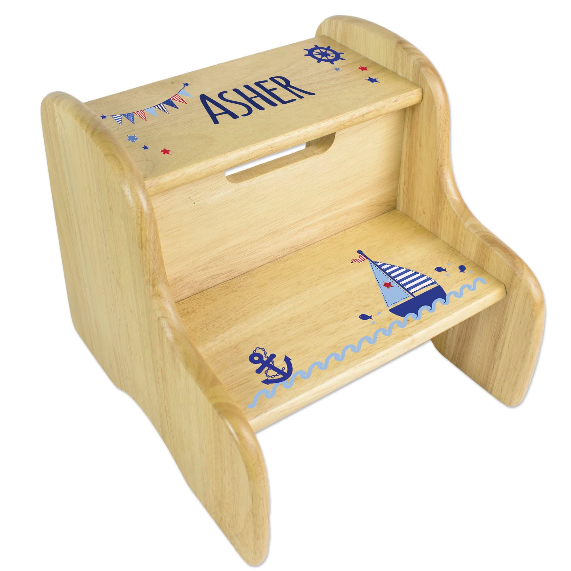 My Bambino Personalized Kids Step Stool | Children's Step Stool Real Wood (Nautical Sailboat) | Custom Name Toddler Bathroom & Kitchen Helper | Great Baby Gift