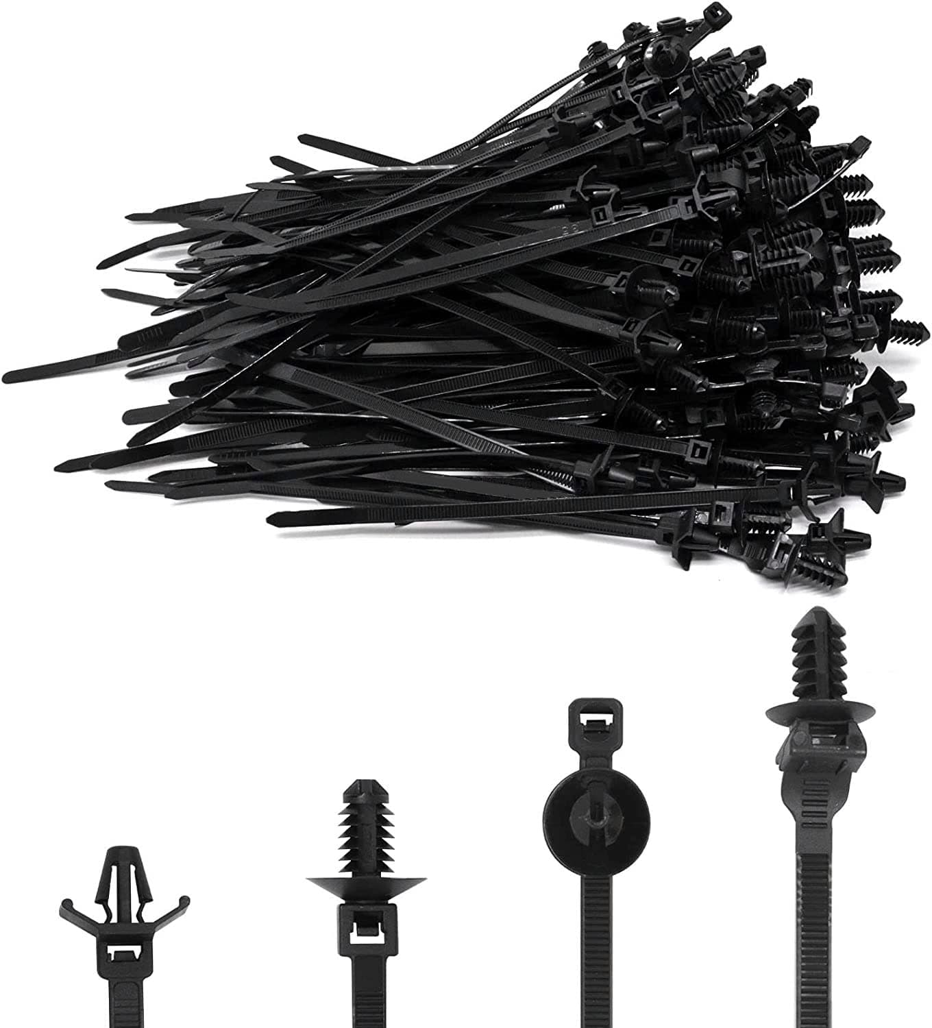 120 PCS Push Mount Zip Ties, Nylon Car Mount Wire Ties Snap in Cable Zip Ties, Black Push Mount Cable Ties Automotive Zip Ties Fastener Wire Harness Clips for Wire Tying (4-Types)