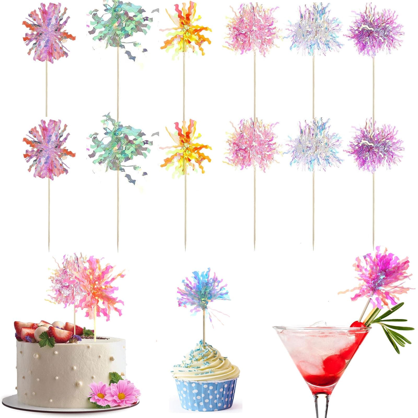 30 Pcs Cupcake Toppers, Cake Decorating Kits, Sparkle Tinsel Firework Cake Toppers For For Baby Shower Diy Birthday Party Wedding Valentine's Day (30pcs-6 Colours)
