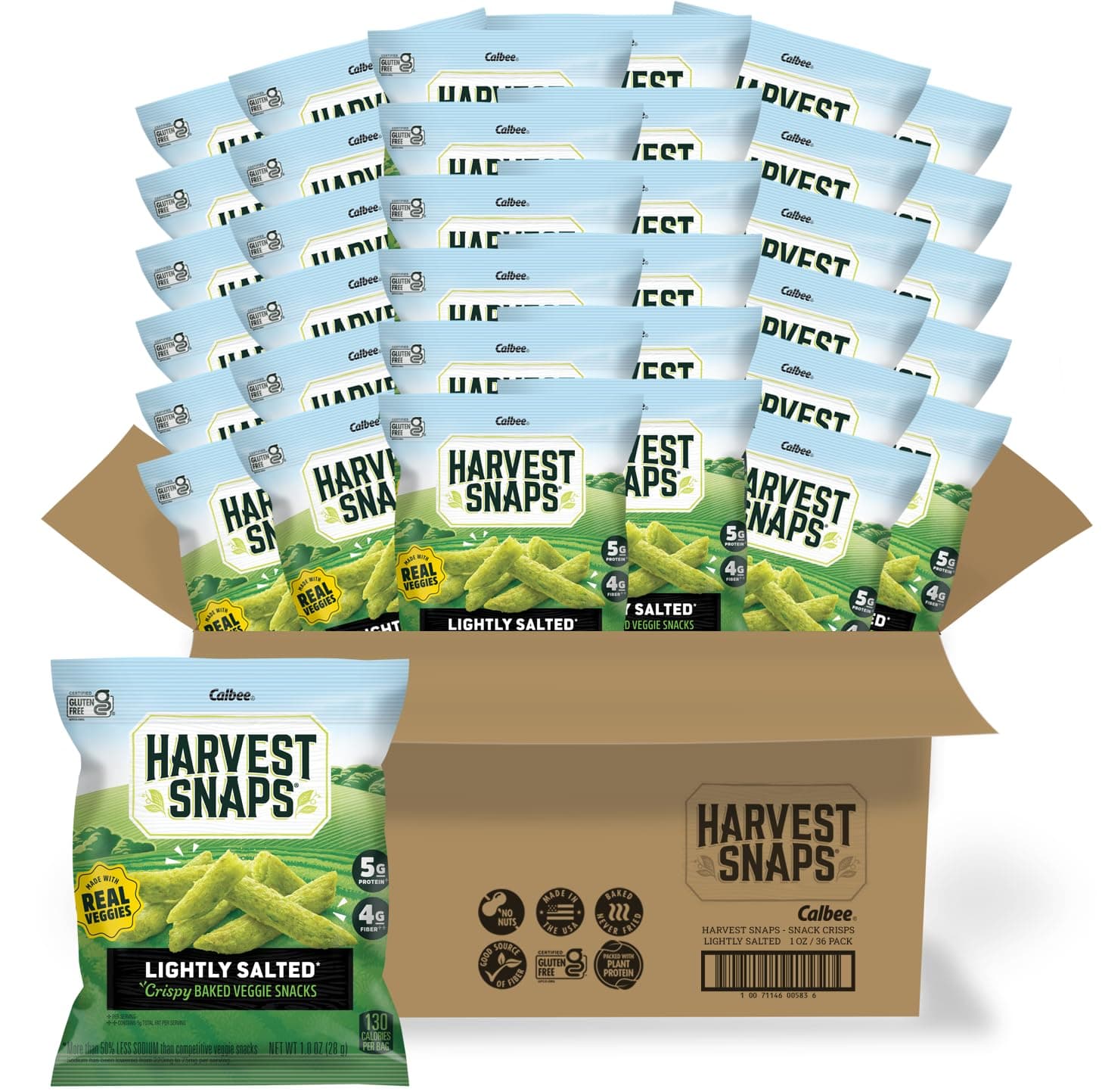 Harvest Snaps Veggie Chips (Lightly Salted Snack Crisps) | Powered by Plant Protein, Gluten Free, Non-GMO Baked Vegetable Crisps | Made in USA | 36 Snack Packs