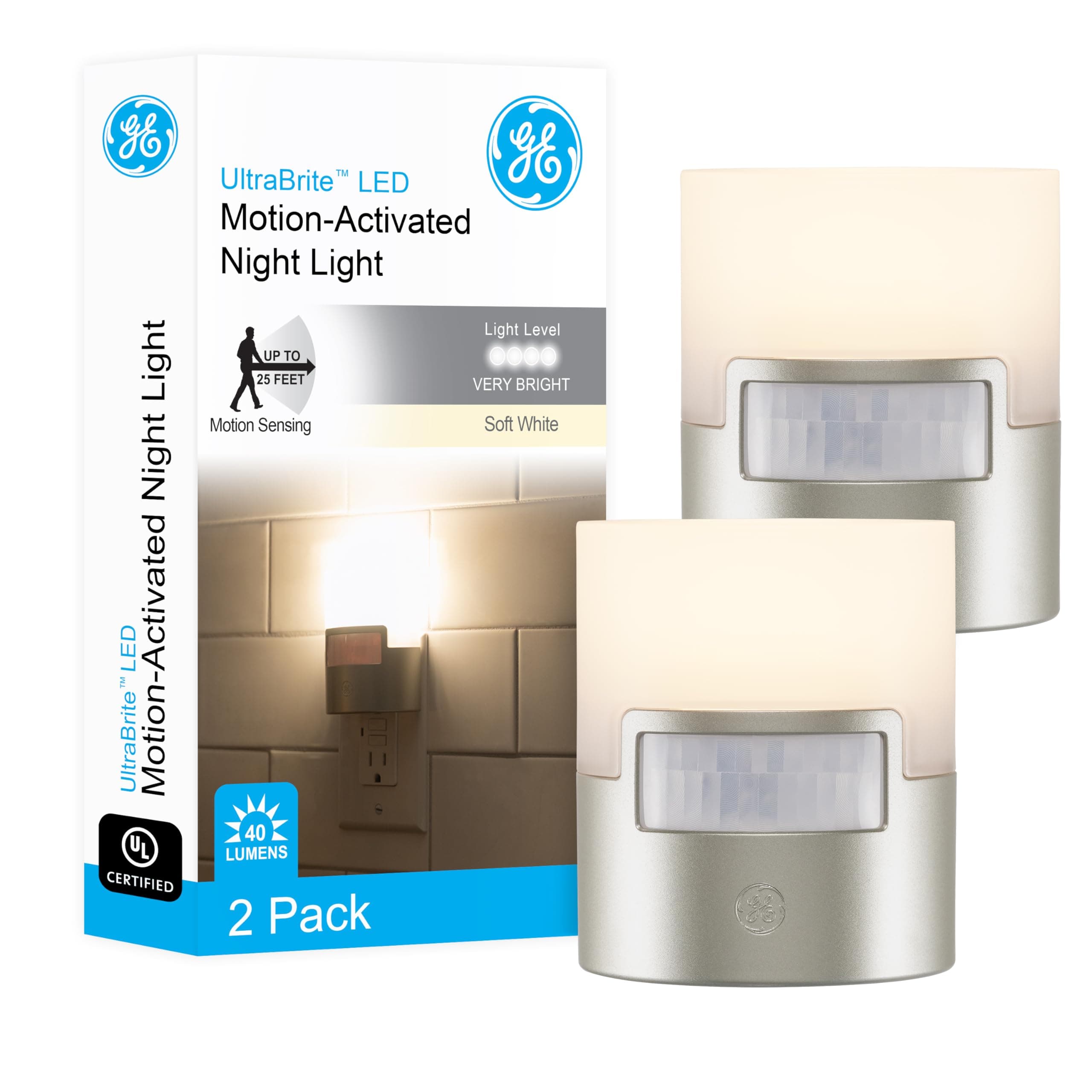 LED Motion Sensor Night Light, Plug into wall, 40 Lumens, Soft White, UL-Certified, Energy Efficient, Ideal Nightlight for Bedroom, Bathroom, Kitchen, Hallway, 46633, Silver, 2 Pack