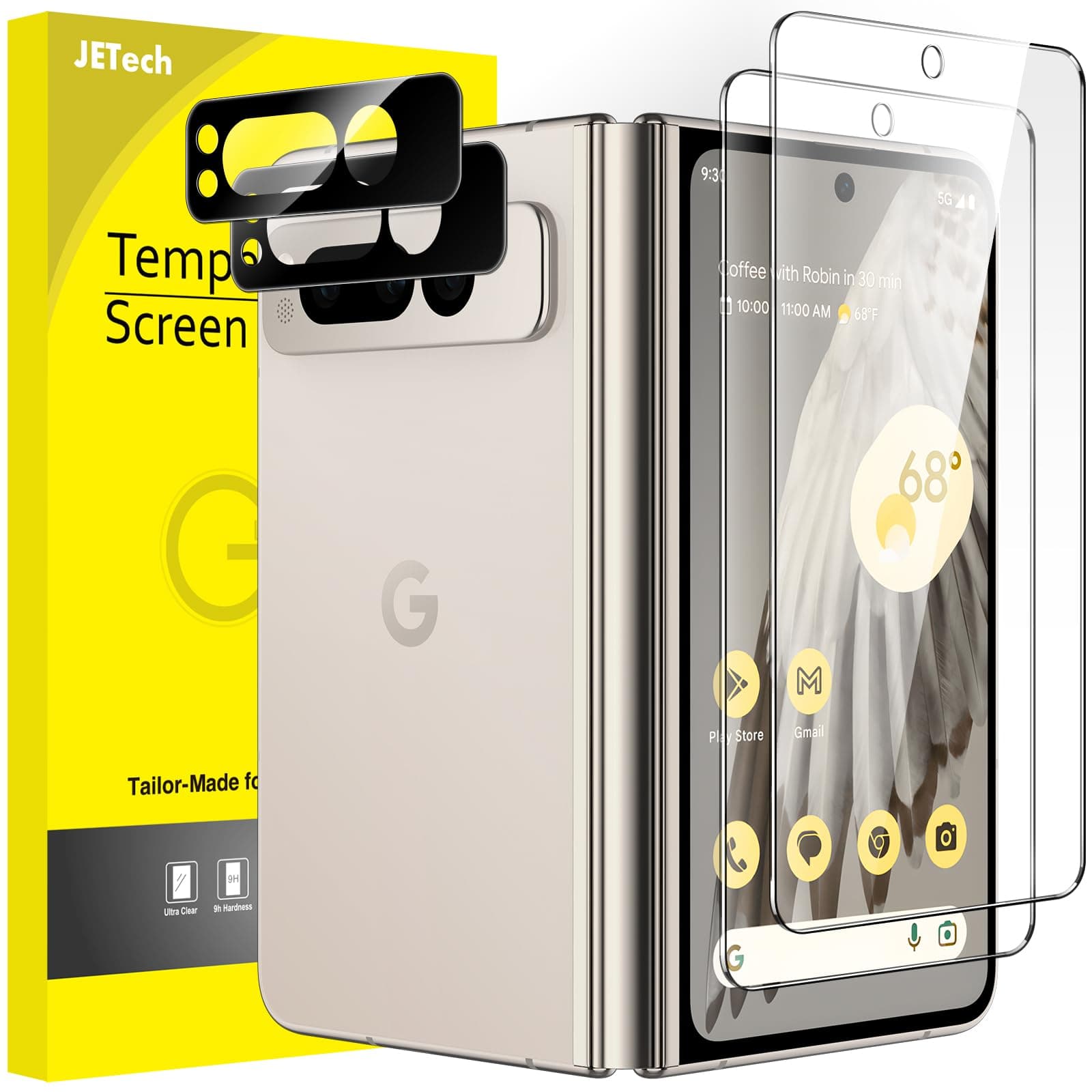 JETech Front Screen Protector and Camera Lens Protector for Google Pixel Fold 2023, 9H Tempered Glass Film, Anti-Fingerprint & Case-Friendly, HD Clear, 2-Pack Each