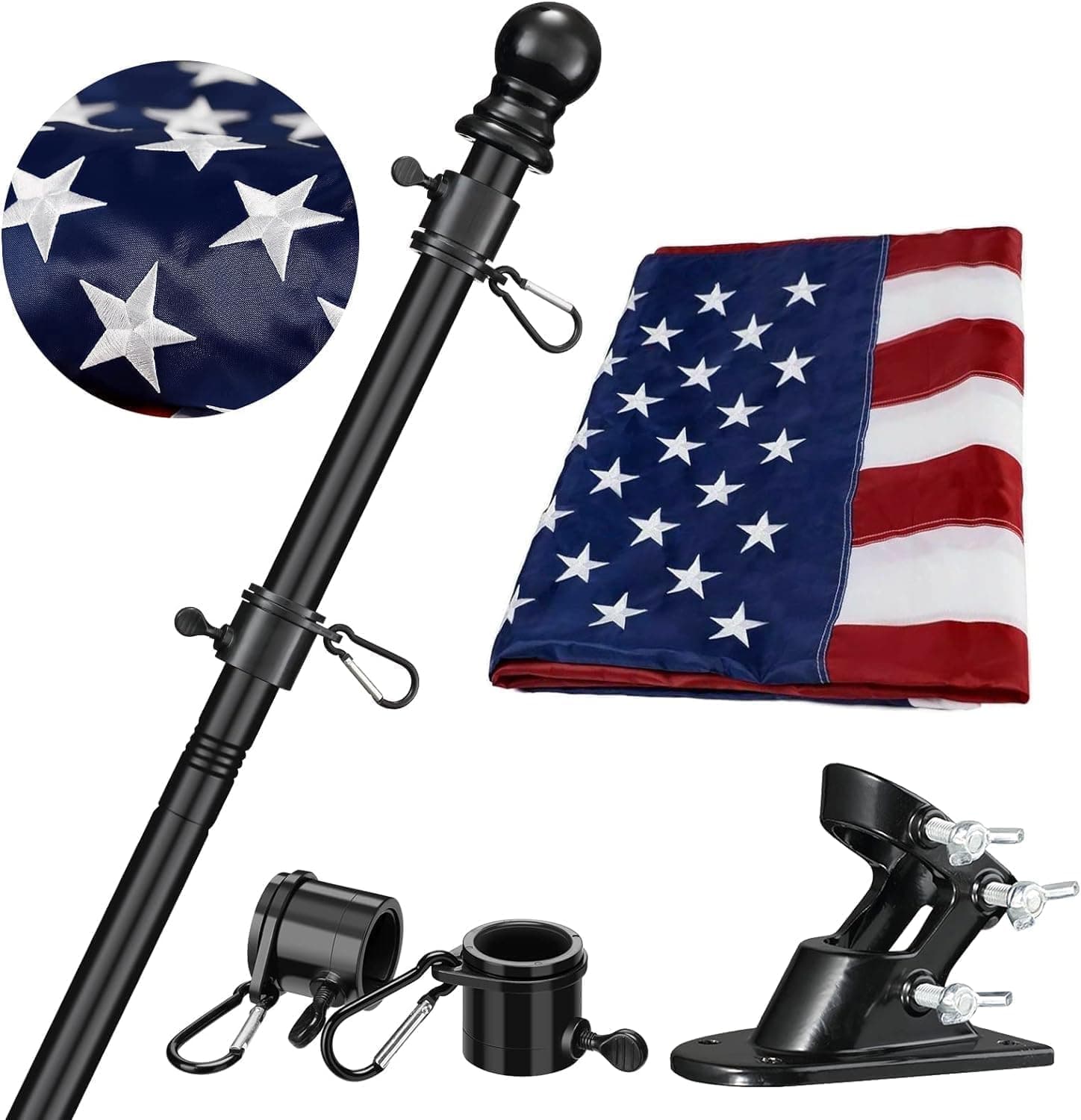 Barcetine American Flag with Pole Kit - Includes 6ft Tangle Free Metal Flag Pole,4x6 Embroidered US Flag,Mount Holder Bracket,for Outside House,Front Porch,Outdoor,Black