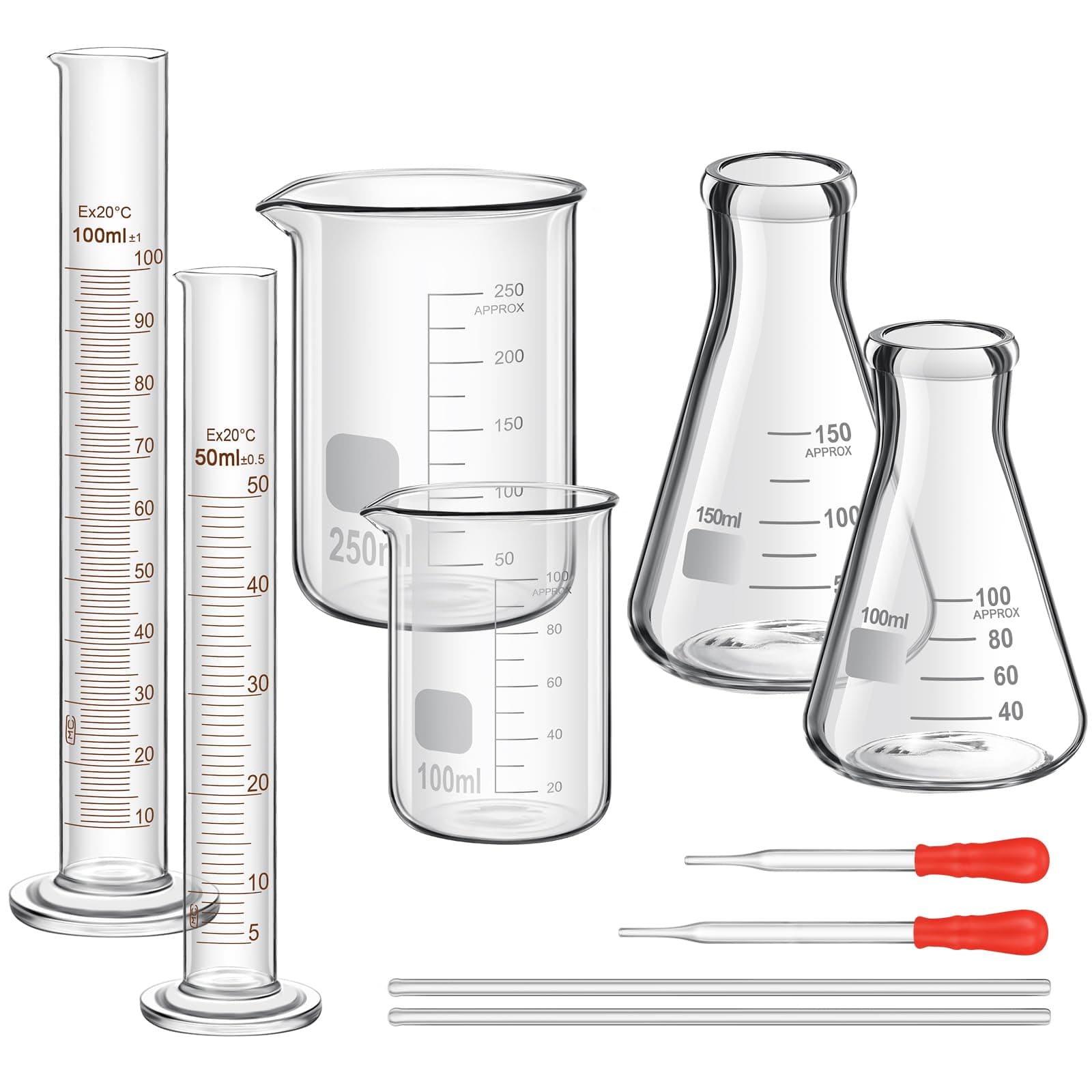 100/250ml Lab Glassware Include Graduated Cylinder, Glass Beaker Set, Glass Dropper, Stirring Rod, Measuring Cups for Laboratory Science Chemistry Supplies (10 Pcs)