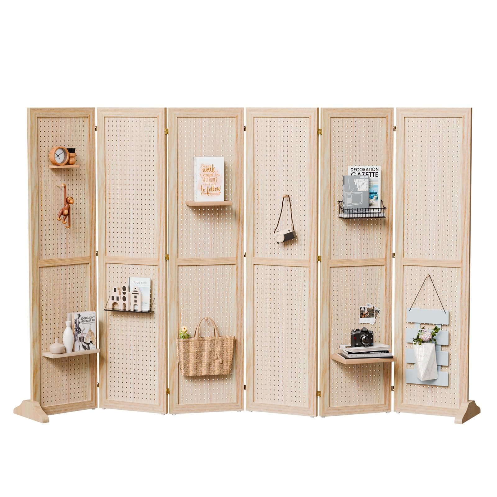 Bonnlo 4/6 Panel Pegboard Freestanding, 5 FT Portable Display Board Organizer for Craft Show Jewelry, Wooden Folding Privacy Screen Room Divider (Natural, 6 Panel with Base)