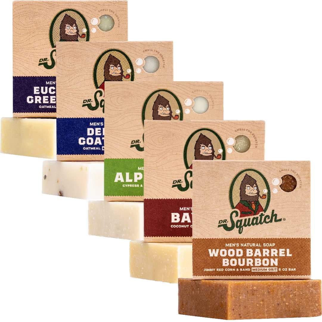 - Dr. Squatch Natural Men’s Bar Soap - Cold Process Body Soap Bar with Natural Oils - Gifts for Men - Deep Sea Goat's Milk, Wood Barrel Bourbon, Eucalyptus Greek Yogurt & more (5 oz, 5-Pack)