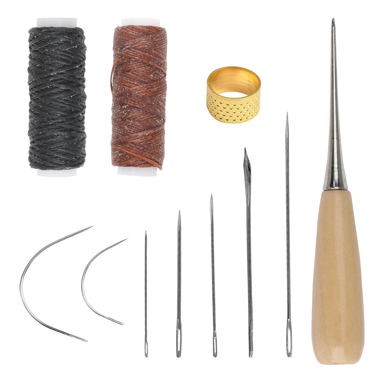 MSKS Leather Sewing Needle 11PCS 12m Waxed Thread Kit Cord Drilling Awl Thimble Curved Needle for Upholstery Carpet Furs Canvas Repair DIY Leather Hand Stitching Embroidery Bookbinding