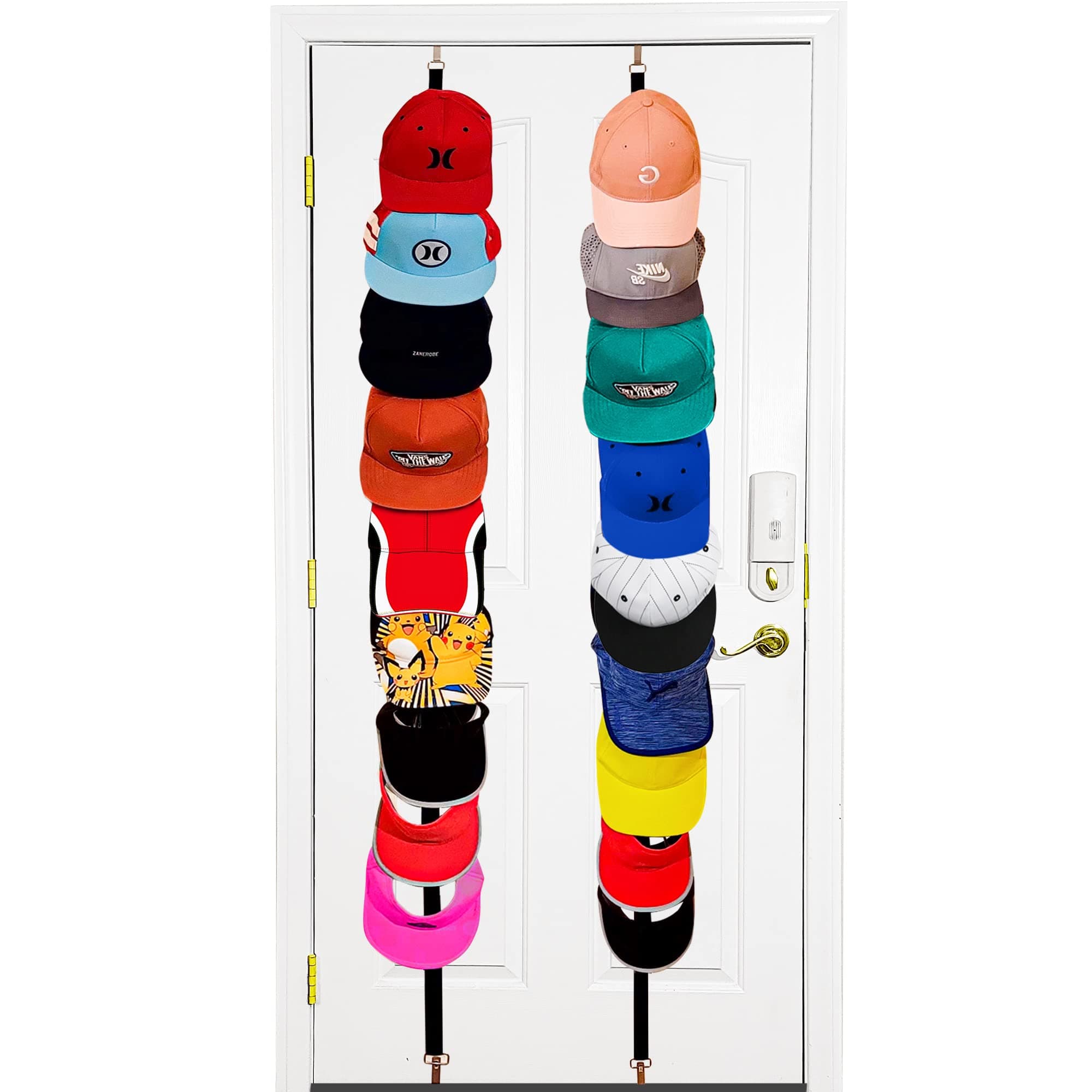 FLANCCI Adjustable Hat Rack Organizer Over The Door, Baseball Cap Holder, hat Hanger for Closet Door Rack, hat Storage Racks, Two Straps, Holds up to 18 Caps with Adjustable Hanging Hooks, Black