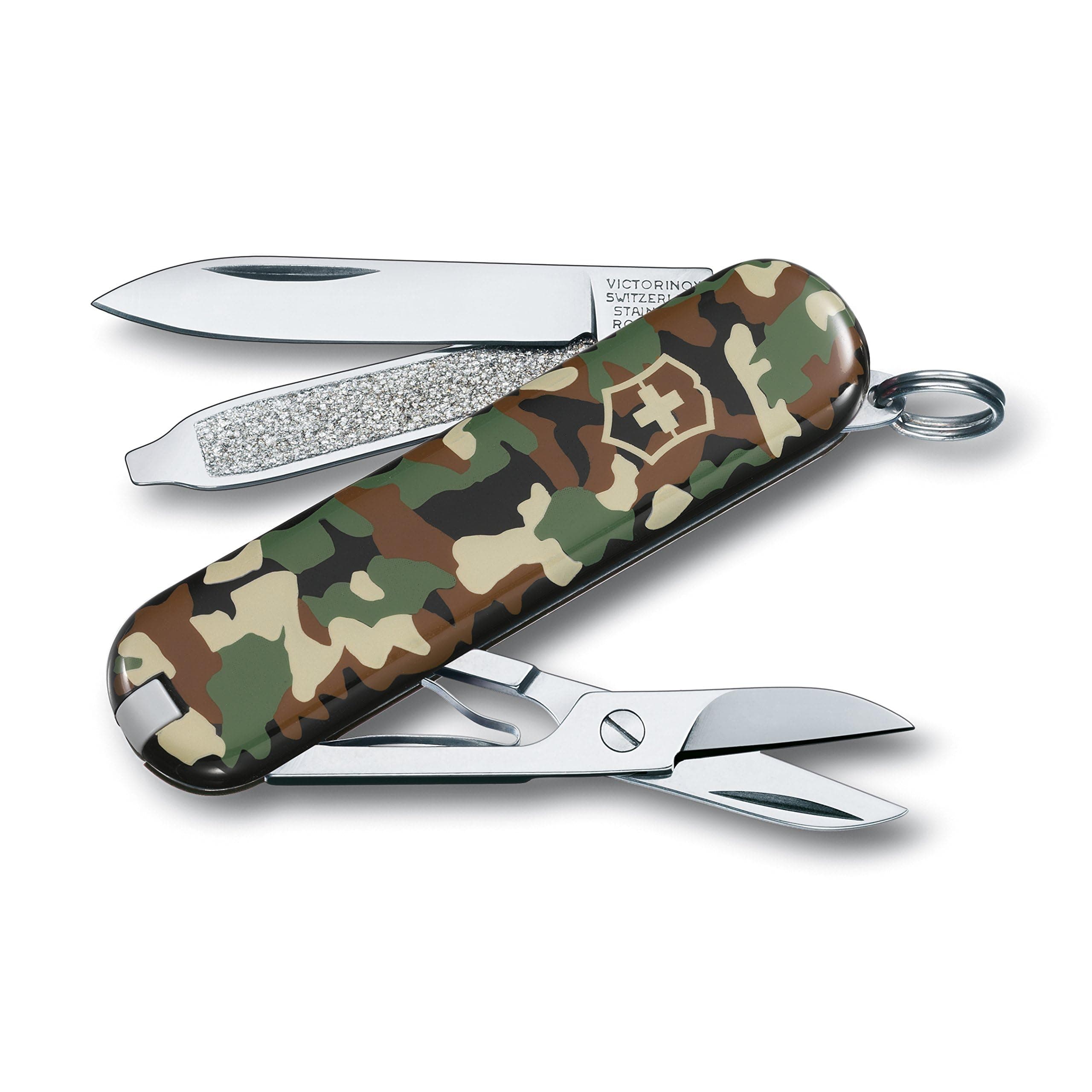 Classic SD Swiss Army Knife, Compact 7 Function Swiss Made Pocket Knife with Small Blade, Screwdriver and Key Ring - Camo