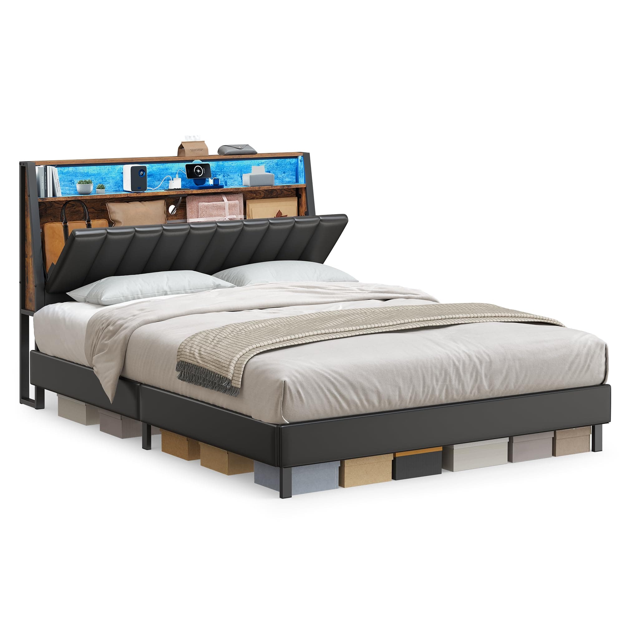 VASAGLELED Bed Frame Queen Size, Storage Headboard and Charging Station, Queen Bed Frame with 2 AC Outlets, 1 USB Port, 1 Type-C Port, No Box Spring Needed, Ink Black and Rustic Brown URMB841B01The Forest Stewardship Council