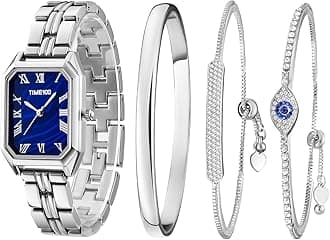 TIME100 Women's Bangle Watch and Rose Gold Watch Chain Bracelets Rectangle Bracelet Watches Premium Crystal Accented Bangle Set