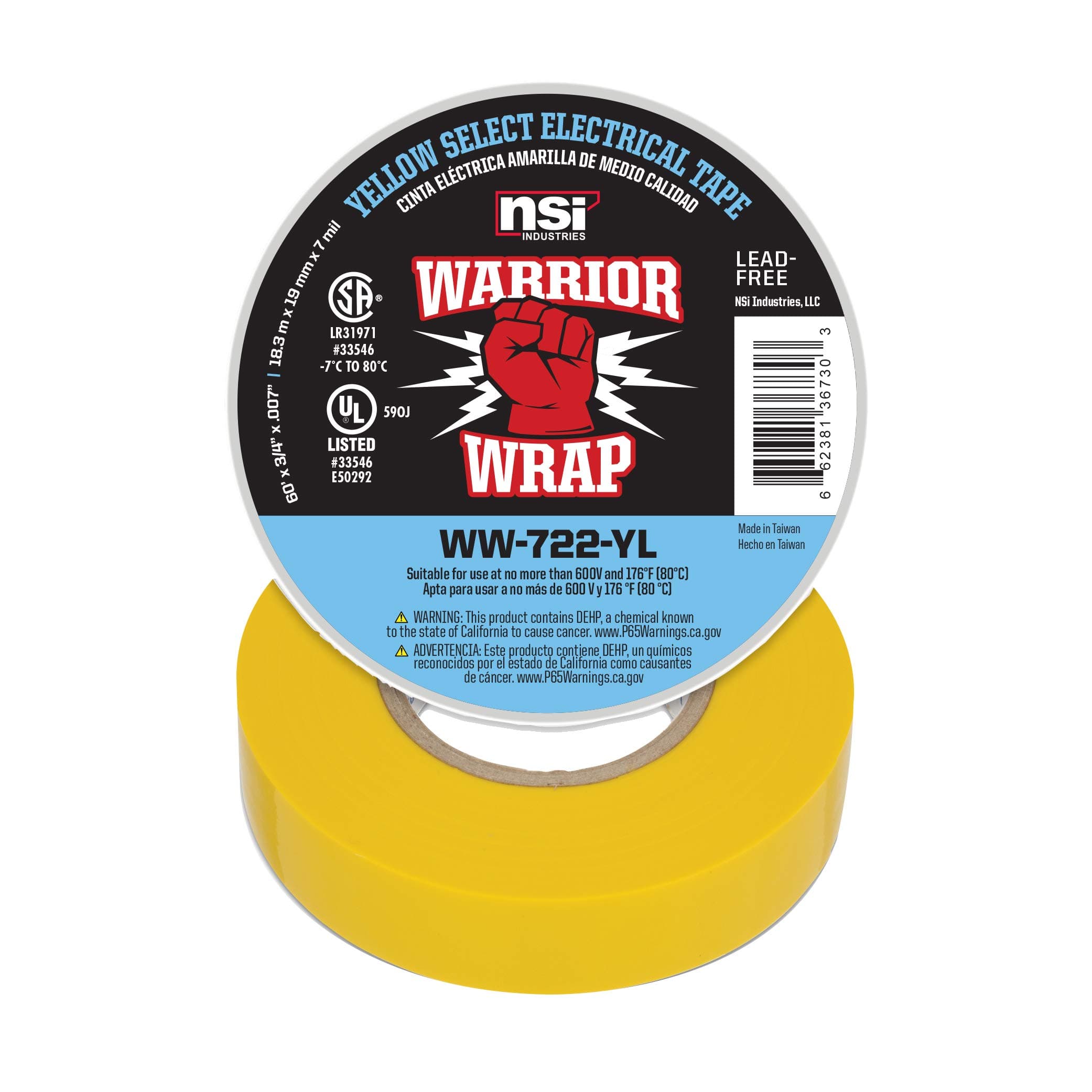 Industries WarriorWrap Select 3/4 in. x 60 ft. 7 mil Vinyl Electrical Tape, Yellow (WW-722-YL)