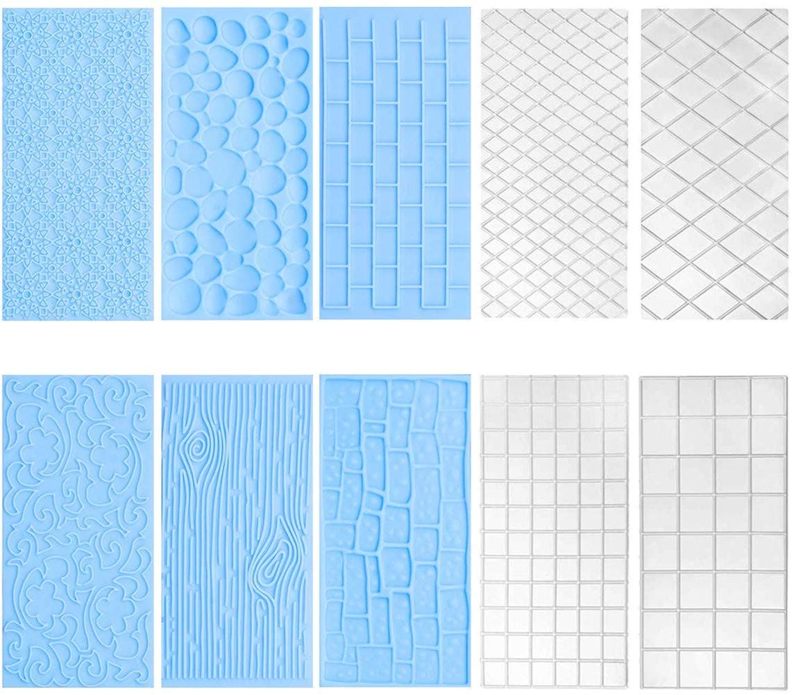 10 Set Fondant Impression Mat Mold Lace Embossing Mat Tree Bark/Brick Wall/Flower/Stone Wall Fondant Impression Mats Texture Design for Cupcake Border Decoration