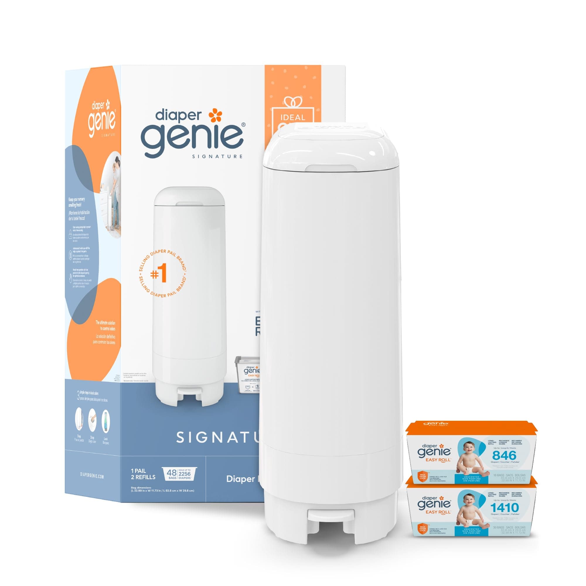 Diaper Genie Signature Gift Set | Includes Easy Roll Refill with 48 Bags | Holds Up to 2256 Newborn Diapers, Plastic