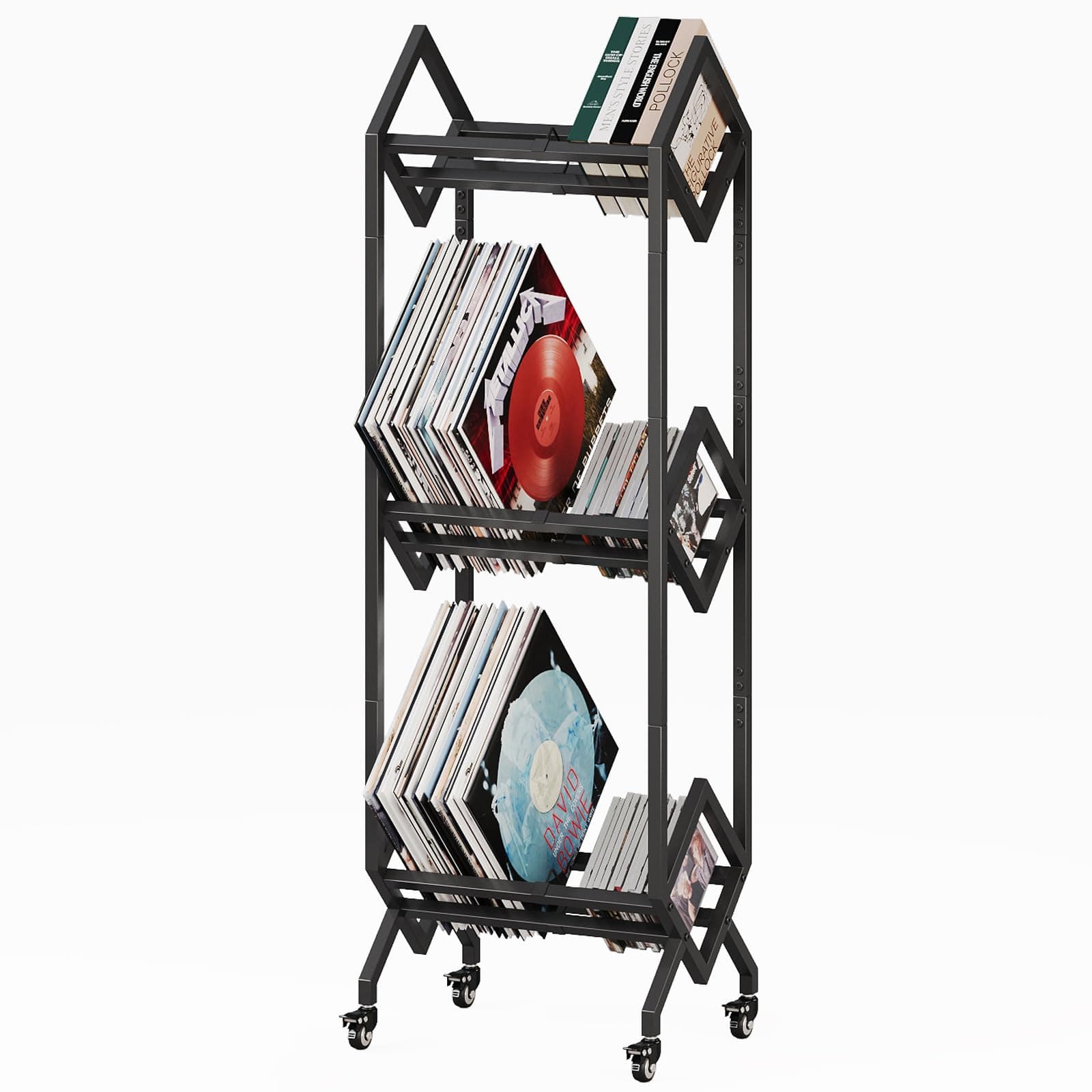 3 Tier Vinyl Record Storage Rack, Mobile Black Metal LP Storage Display Stand with Casters, Large Capacity Record Holder for Albums, Books, Magazines, and Office Files