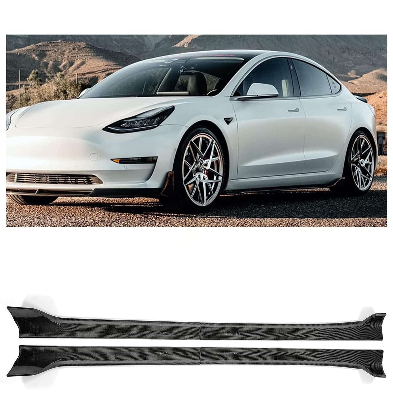 Kojem Side Skirt Extension Replacement 4Pcs Compatible with 2017-2023 Tesla Model 3 Carbon Fiber Printing Rocker Panels Guard Body Kit ABS Plastic Side Trim