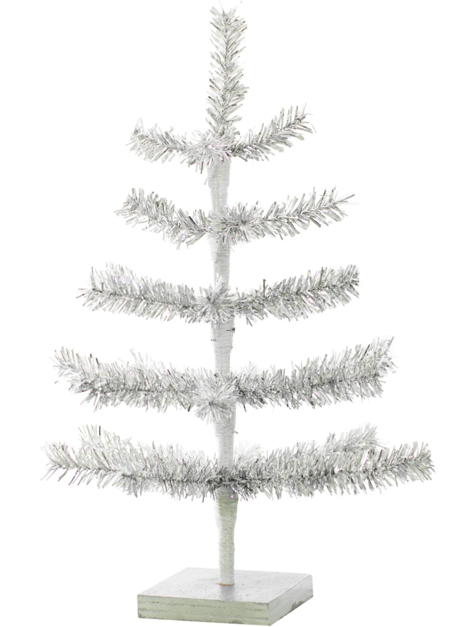 18in Silver Tinsel Christmas Tree Artificial Aluminum Thin Brush Branches Wood Base Stand Included