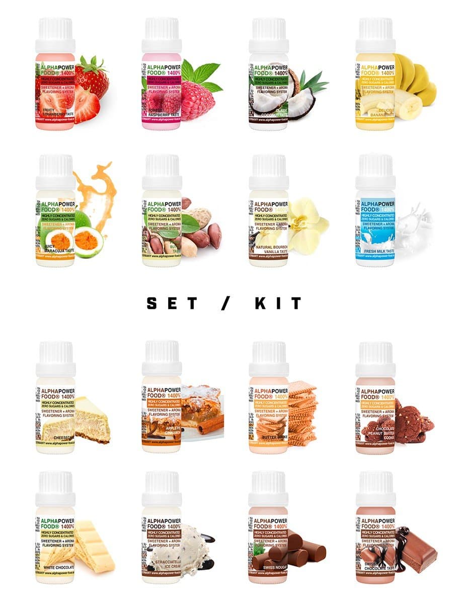ALPHAPOWER FOOD® - ALPHAPURE® SERIES: Super Saving Kit (9 x 10ml per a flavour (1x Juicy Maracuja, 1x Fresh Milk, 1x Classic Coconut, 1x Peanut Butter, 1x Natural Bourbon Vanilla, 1xFruity Strawberry, 1x Swiss Chocolate, 1x Forest Raspberry, 1x Delicious Banana) Vegan 1400%* Zero calorie Flavouring System, Liquid Flavour Drops and Sweetener, Liquid in an Flavour Protection Glass Bottle, Sugar alternative, sugar free sweets, liquid sweetener Drops