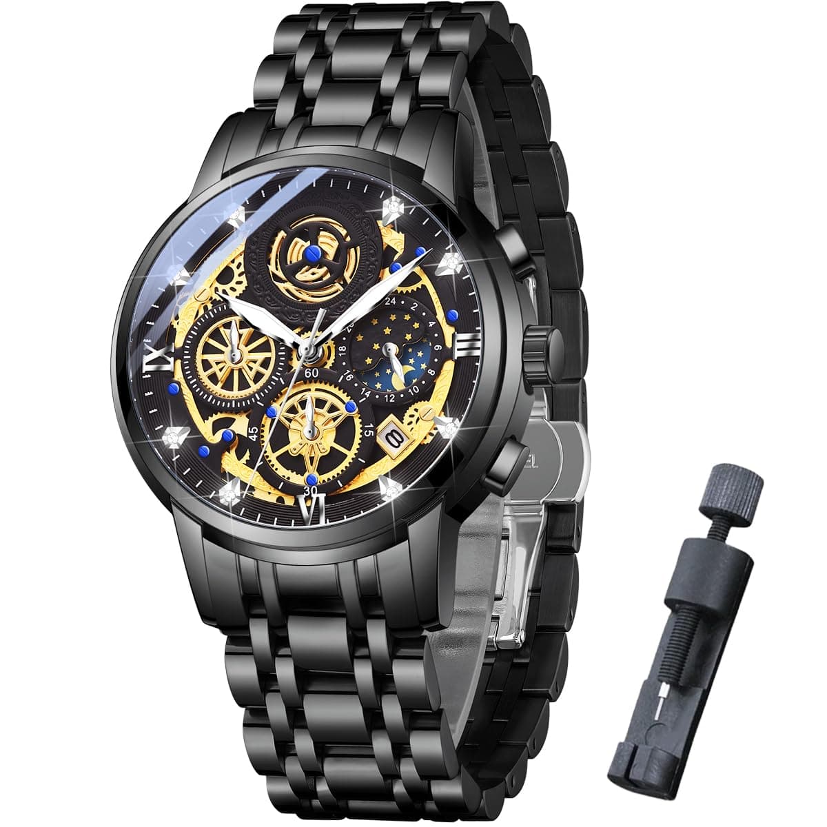 Moon Phase Watch for Men Multifunction Chronograph Dial Analog Quartz Wristwatch Luxury Diamond Business Dress Watch with Luminous Waterproof Calendar Stainless Steel Strap