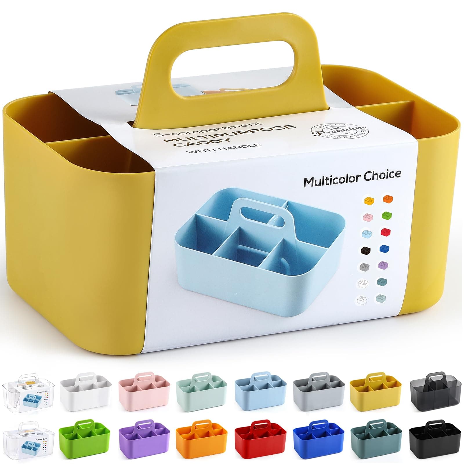 Multiuse Caddy Organizer w/ Handle - Stackable Plastic Tote Bin - Art Craft Supplies, Office, Desk, Stationery Pen Holder, Kitchen, Utensil, Makeup, Bathroom, Shower, Cleaning, Dorm Organizer - Yellow