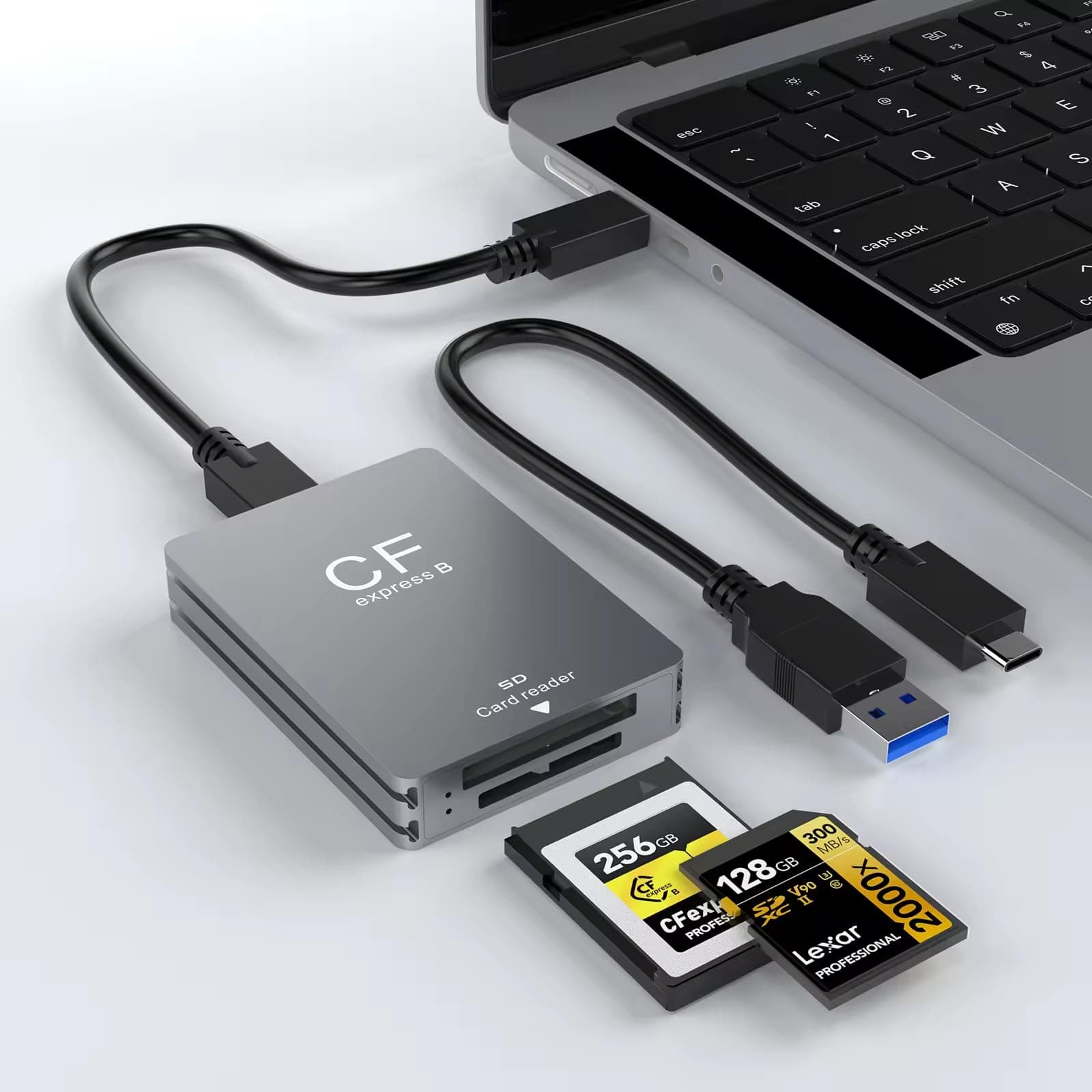 SCALEBEE CFexpress Type B and SD SDXC SDHC Dual Slot 2 in 1 Card Reader USB 3.2 Gen 2 - Transfer up to 10GB/s - Compact Slim Metal Body - Type C to C & A Cable Included