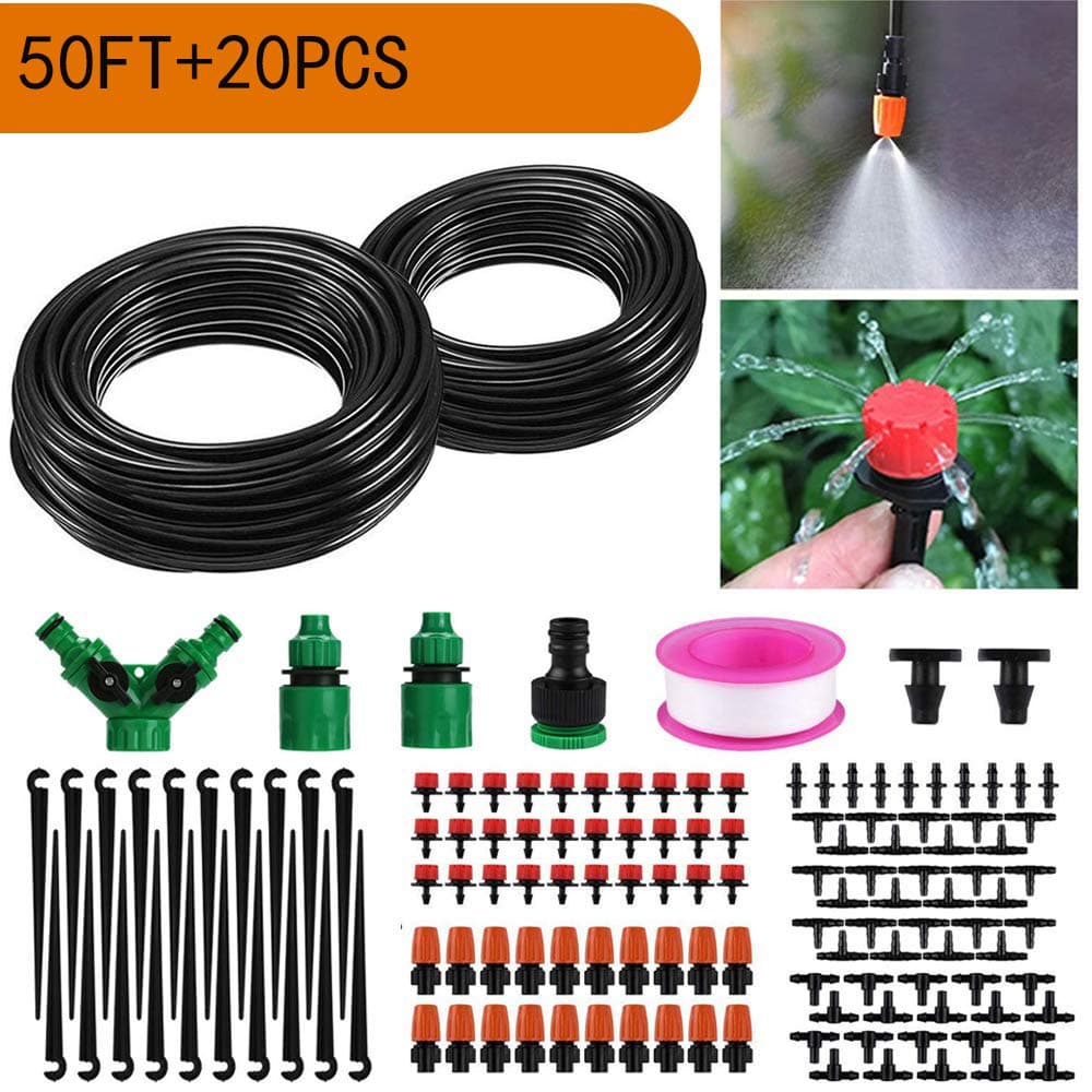 PLUSARGENT Micro Irrigation Kits, 50ft Blank Distribution Drip Irrigation Kit Misting System 4/7 Tube Automatic with 20pcs Plastic Mist Sprinkler for Garden Greenhouse,Patio,Lawn
