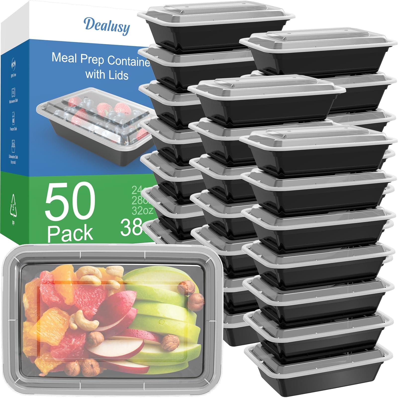 - 50 Pack (100-Piece) 38 oz Meal Prep Containers Reusable with Lids, Sturdy Leakproof & Food Safe, Microwave, Freezer, Dishwasher Safe Prep Containers, To Go Take Out Plastic Food Storage