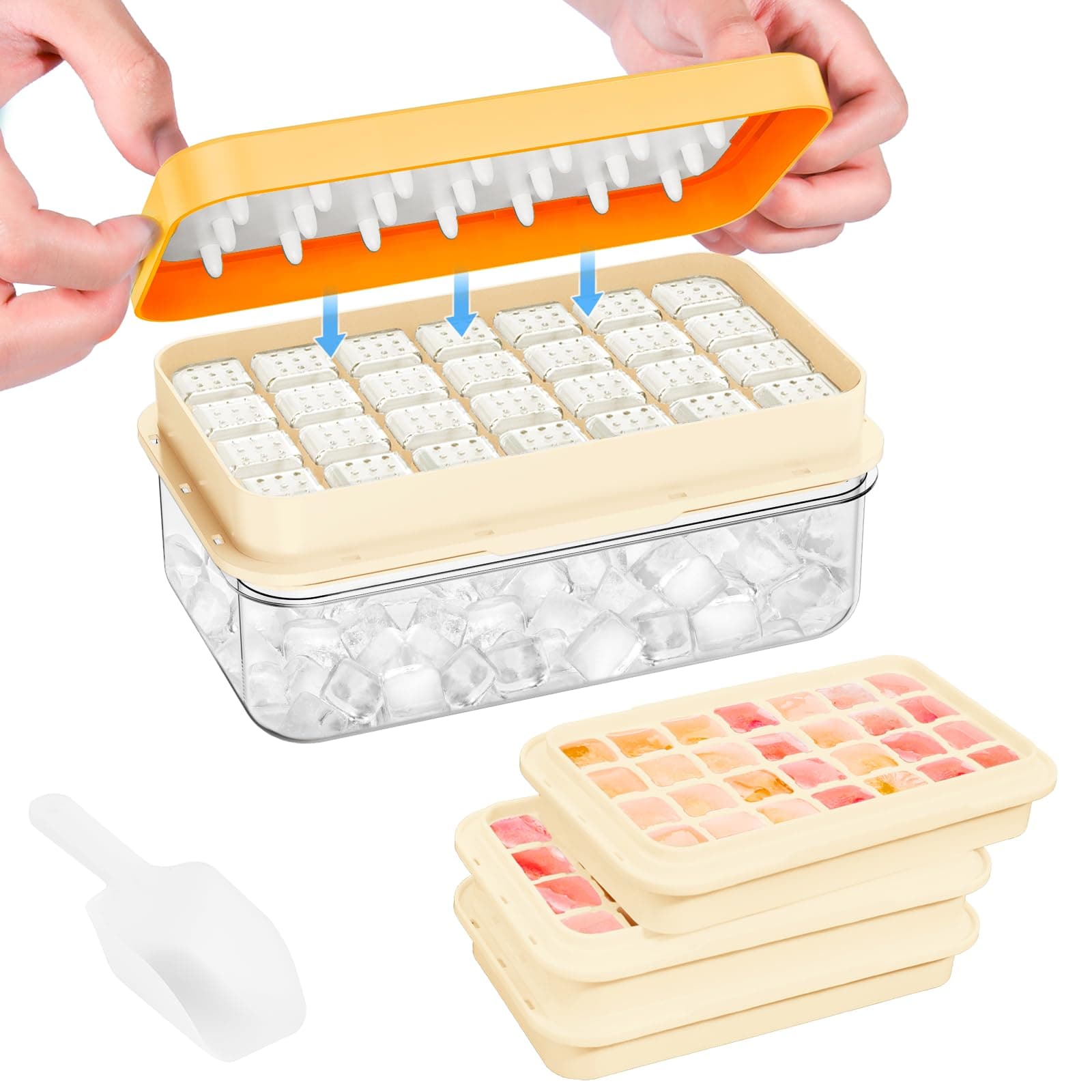 PHINOX Ice Cube Tray with Lid and Bin, 3 Pack Plastic Ice Cube Tray Molds, 84 pcs Ice Trays for freezer, Chilling Drinks, Whiskey & Cocktails, with Ice Container and Ice Scoop, BPA-Free