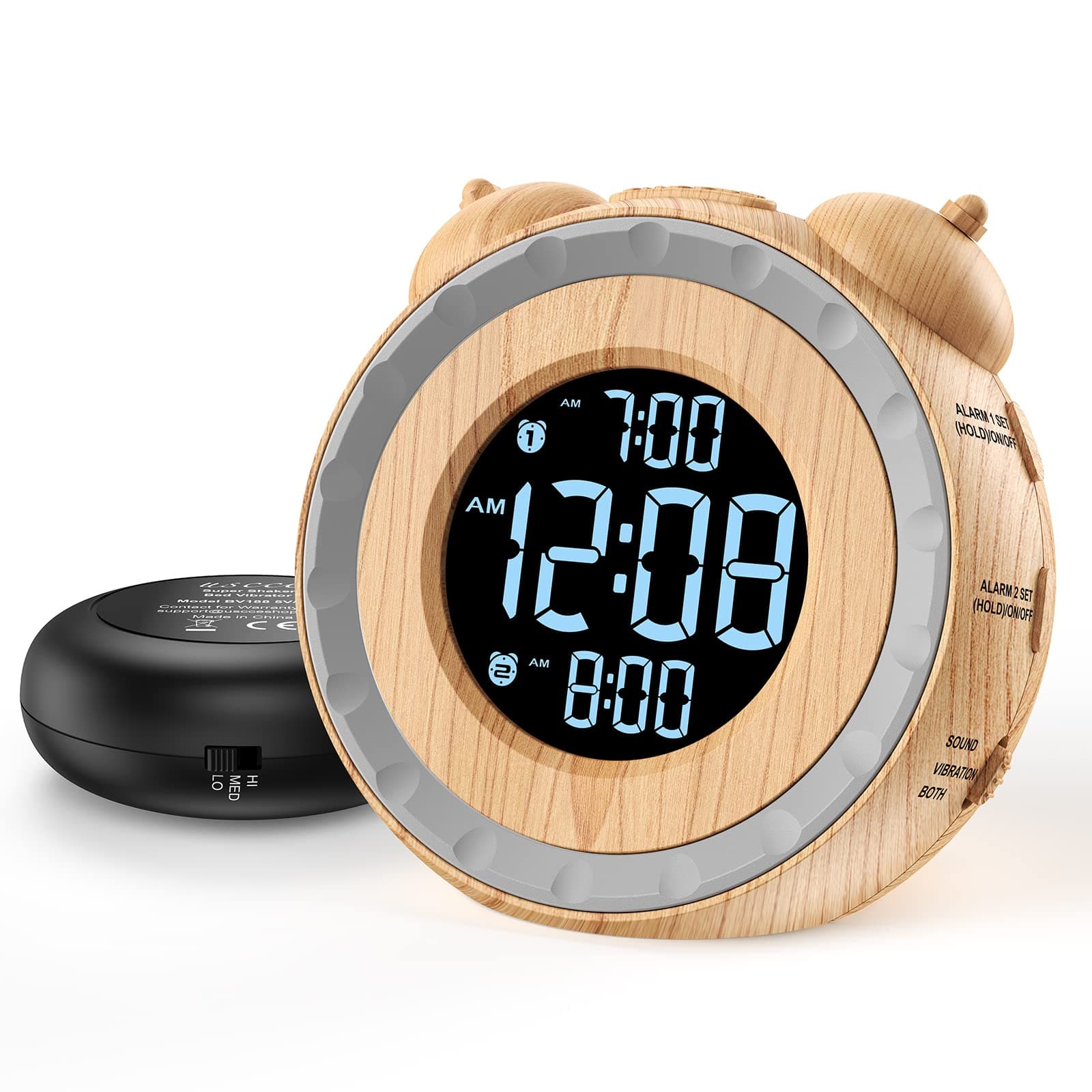 uscce Dual Extra Loud Alarm Clock with Bed Shaker - 0-100% Dimmer, Vibrating Alarm Clock for Heavy Sleepers or Hearing Impaired, Easy to Set, Snooze, Battery Backup, Wake with a Shake(Wood Grain)