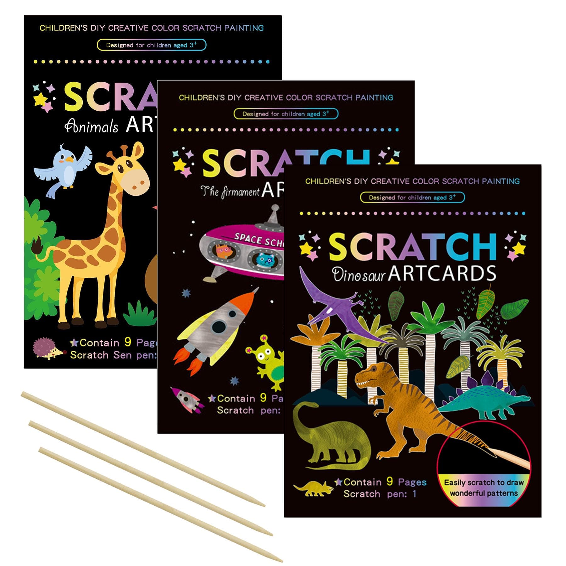 3 Set Magic Scratch Paper Art, Colorful Magic Drawing Art Book with 3 Scratch Pen for Birthday Halloween Christmas Party Games Projects Kits (Dinosaurs/Spaceman/Giraffe)