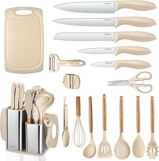 RAXCO Cooking Utensils Set,12-Piece Kitchen Utensils and Accessories,6-Piece Knife set,utensilios de cocina,Khiki