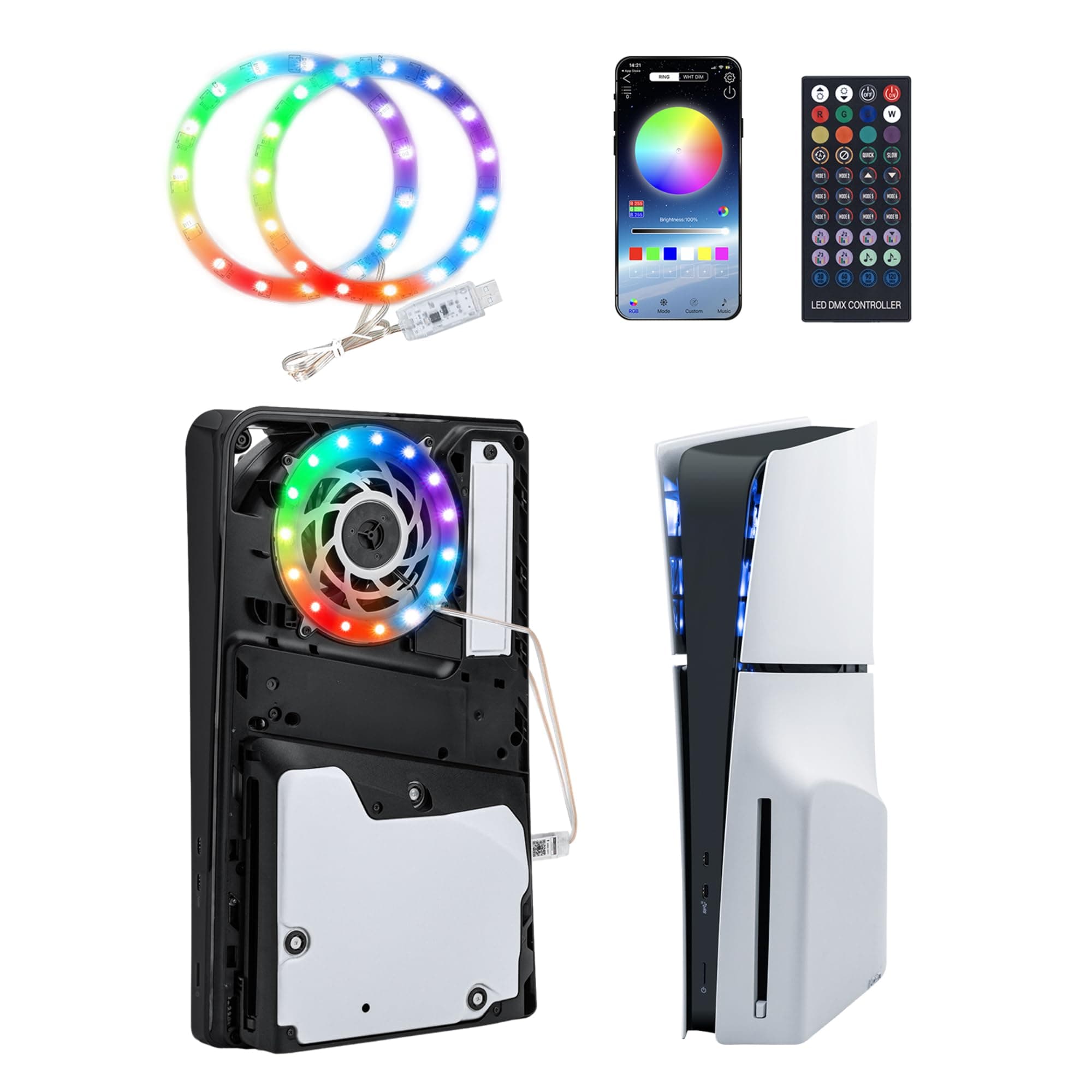 Mcbazel RGB LED Light Strip for PS5/PS5 Slim /PS5 PRO Console, IR Remote/APP/USB 3 Control Methods, 8 Colors 400+ Effects RGB Ring LED Lights Kit Accessories Compatible withPS5/PS5 Slim Console