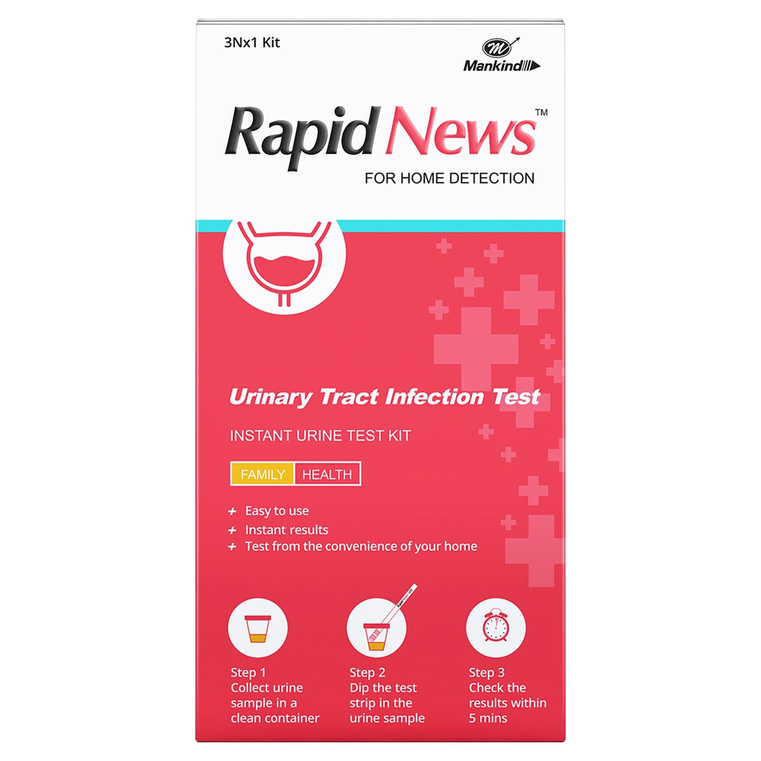 UTI Home Detection Test Kit By Mankind| Easy-to-Use Urine Infection Detection Test | Result in 5 Mins | Track Leukocytes, Nitrites