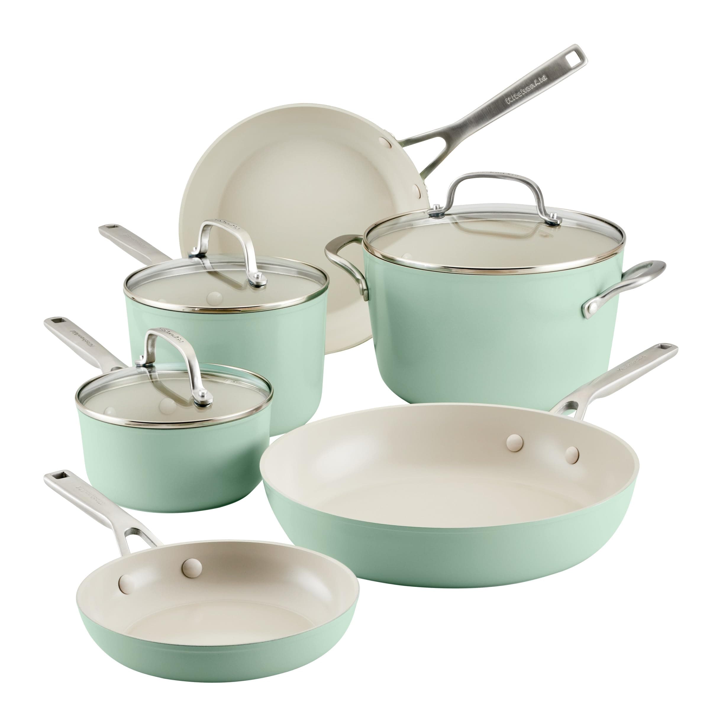 KitchenAid Hard Anodized Ceramic Ceramic Nonstick Cookware Pots and Pans Set, 9 Piece - Pistachio