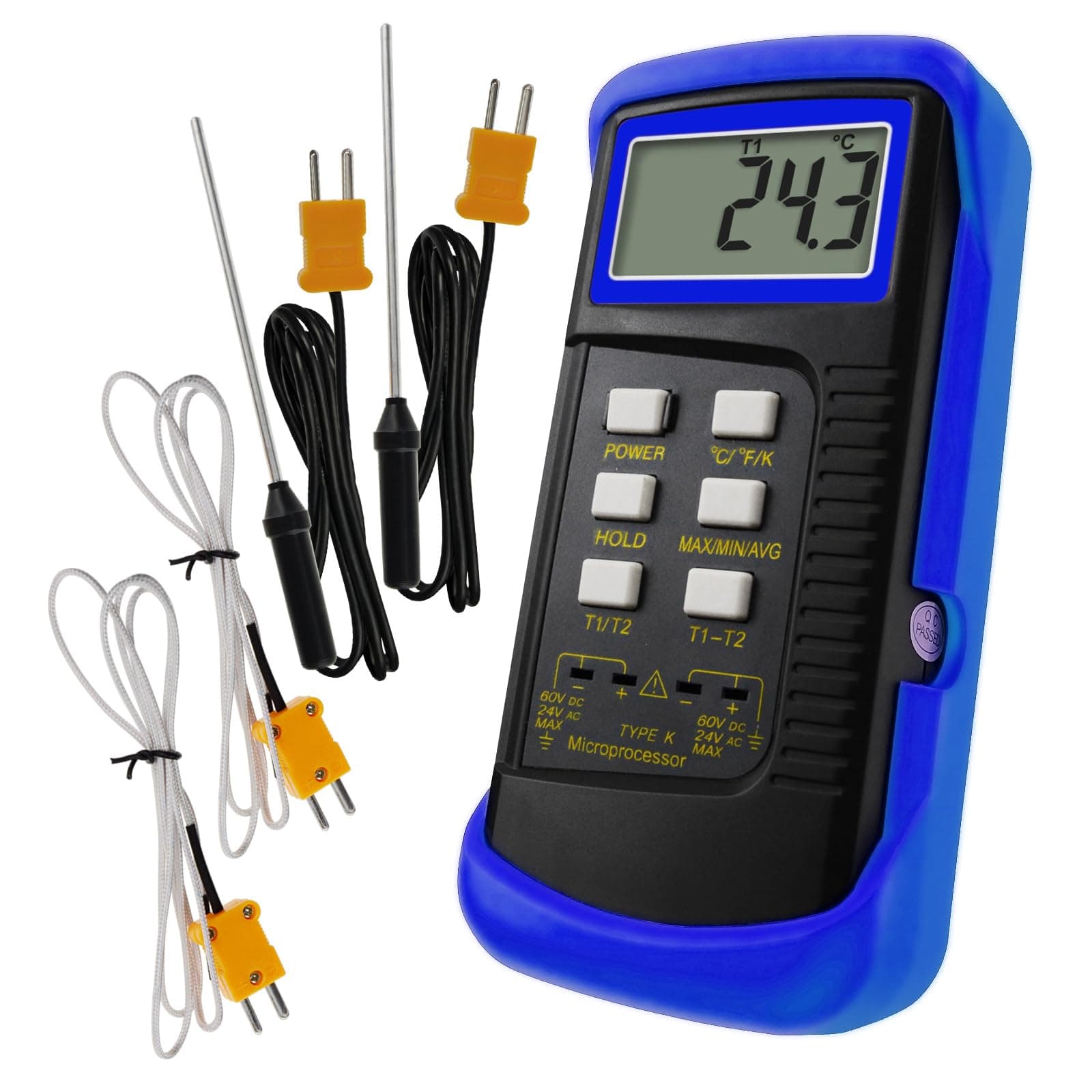 Digital 2 Channels K-Type Thermometer w/ 4 Thermocouples (Wired & Stainless Steel), -50~1300‚C (-58~2372‚F) Handheld Desktop High Temperature Kelvin Scale Dual Measurement Meter Sensor