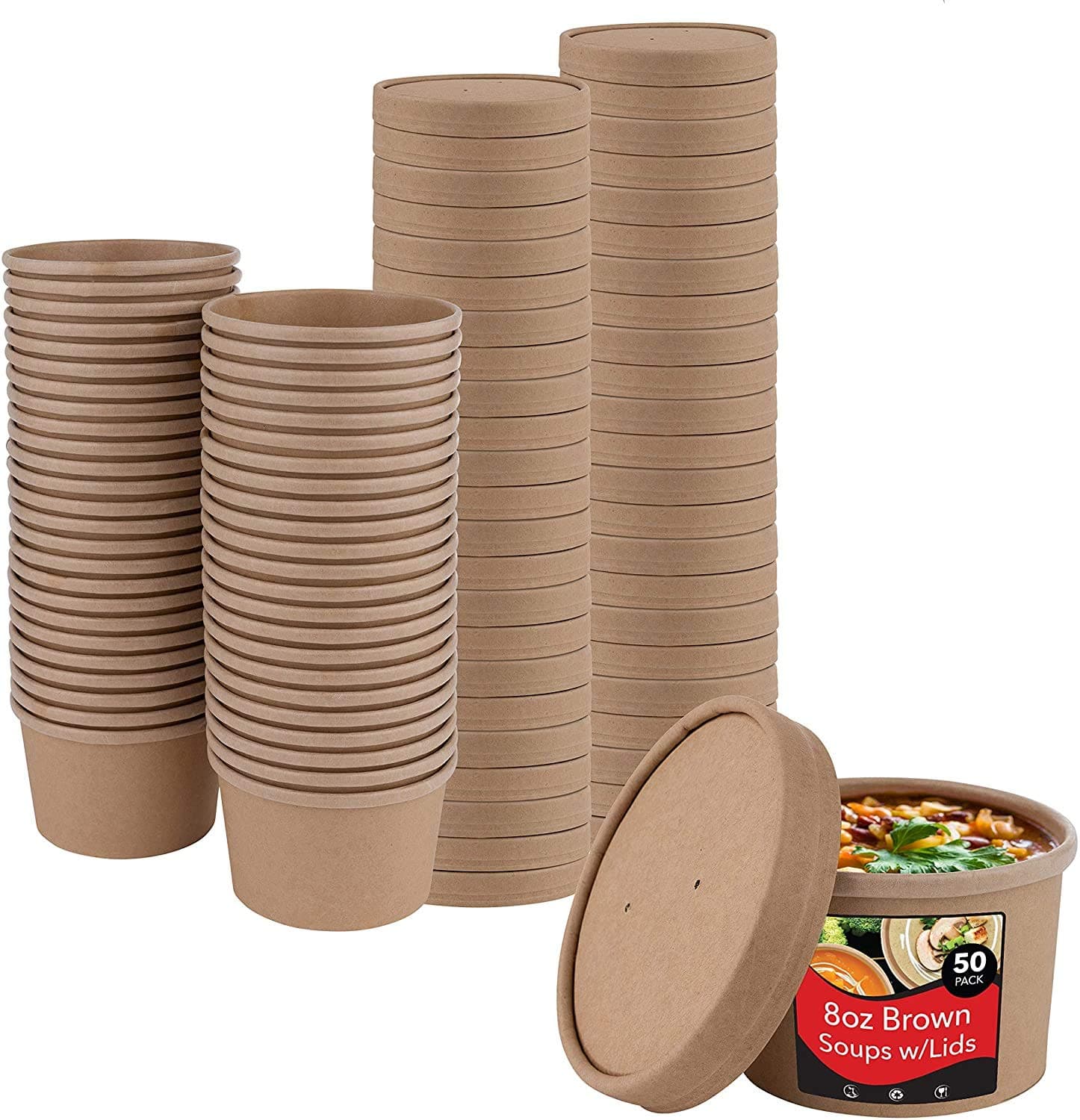 50 x Brown Soup Ice Cream Container [8oz with Lids, 50pcs] Kraft Takeaway Paper Bowl Containers, Cardboard Round Deli Tubs Lids Heavy Duty 8oz 12oz 16oz 26oz 32oz