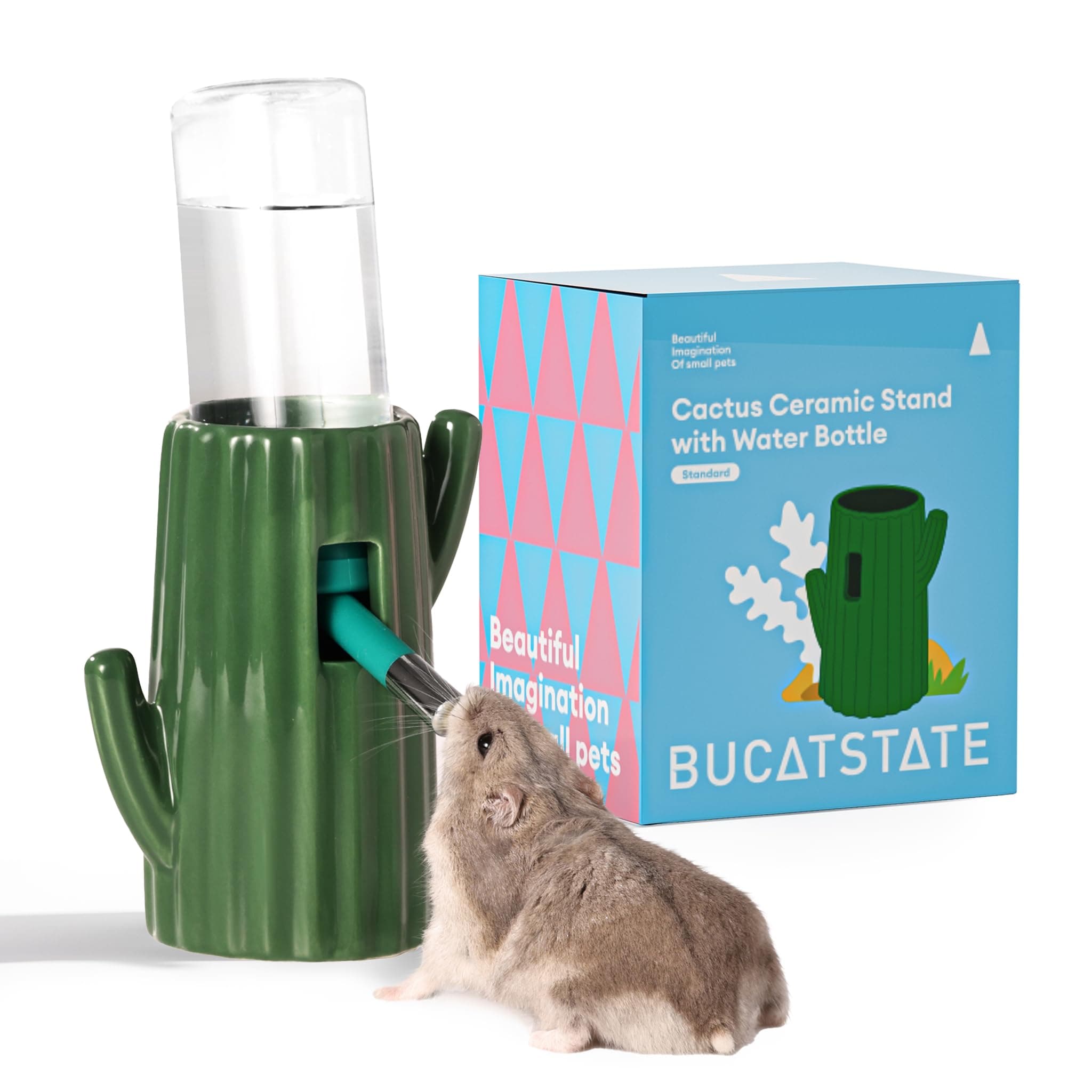 BUCATSTATE Cactus Ceramic Leakproof Hamster Water Bottle Gerbils Water Bottles with Holder Water Feeder for Small Animals (Green)
