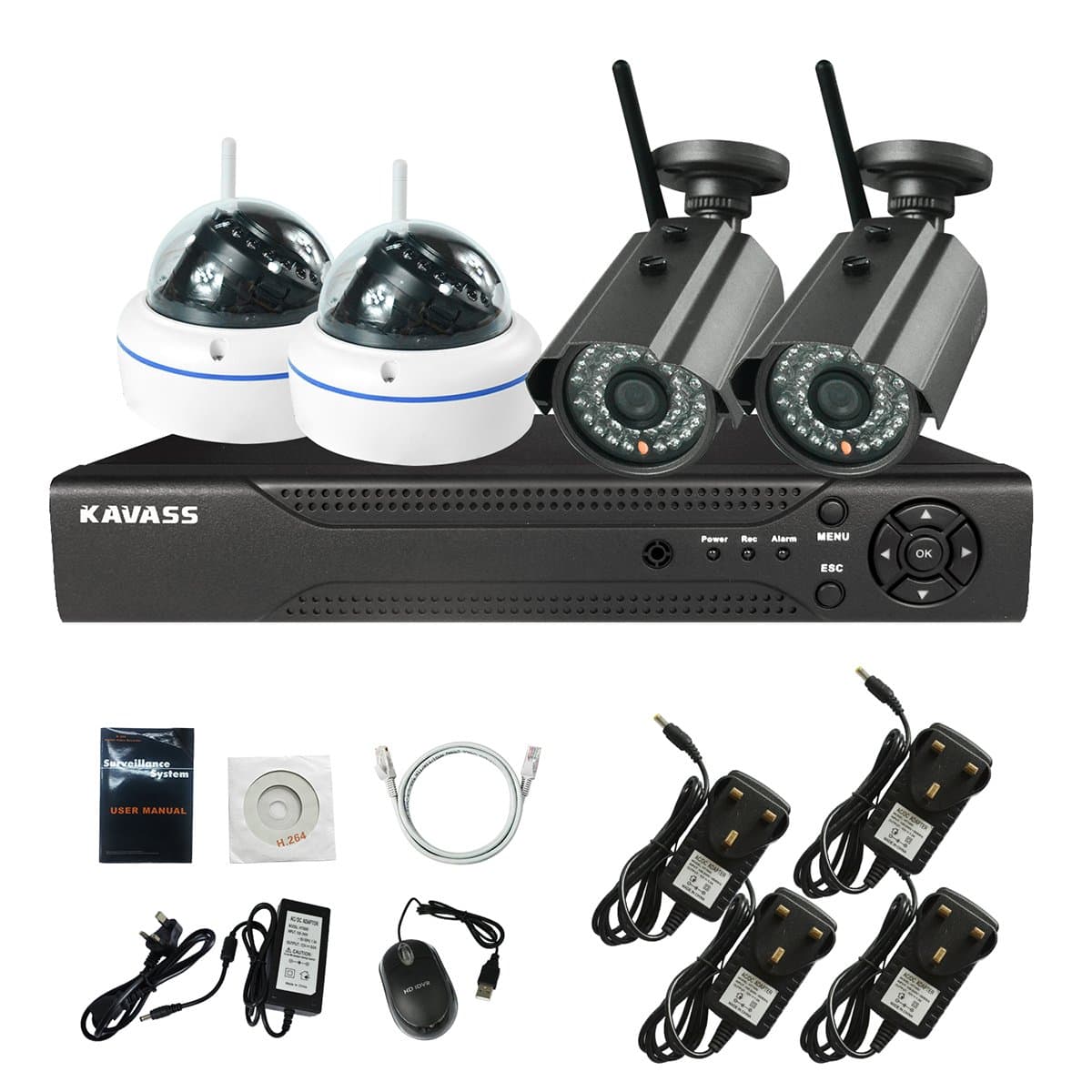 KAVASS IPhone Samsung Android Smartphones & Internet Access 4 Channel Wired Security NVR HDMI H.264 with 4 Indoor / Outdoor 720P HD Infrared Night Vision Wifi IP Surveillance Cameras