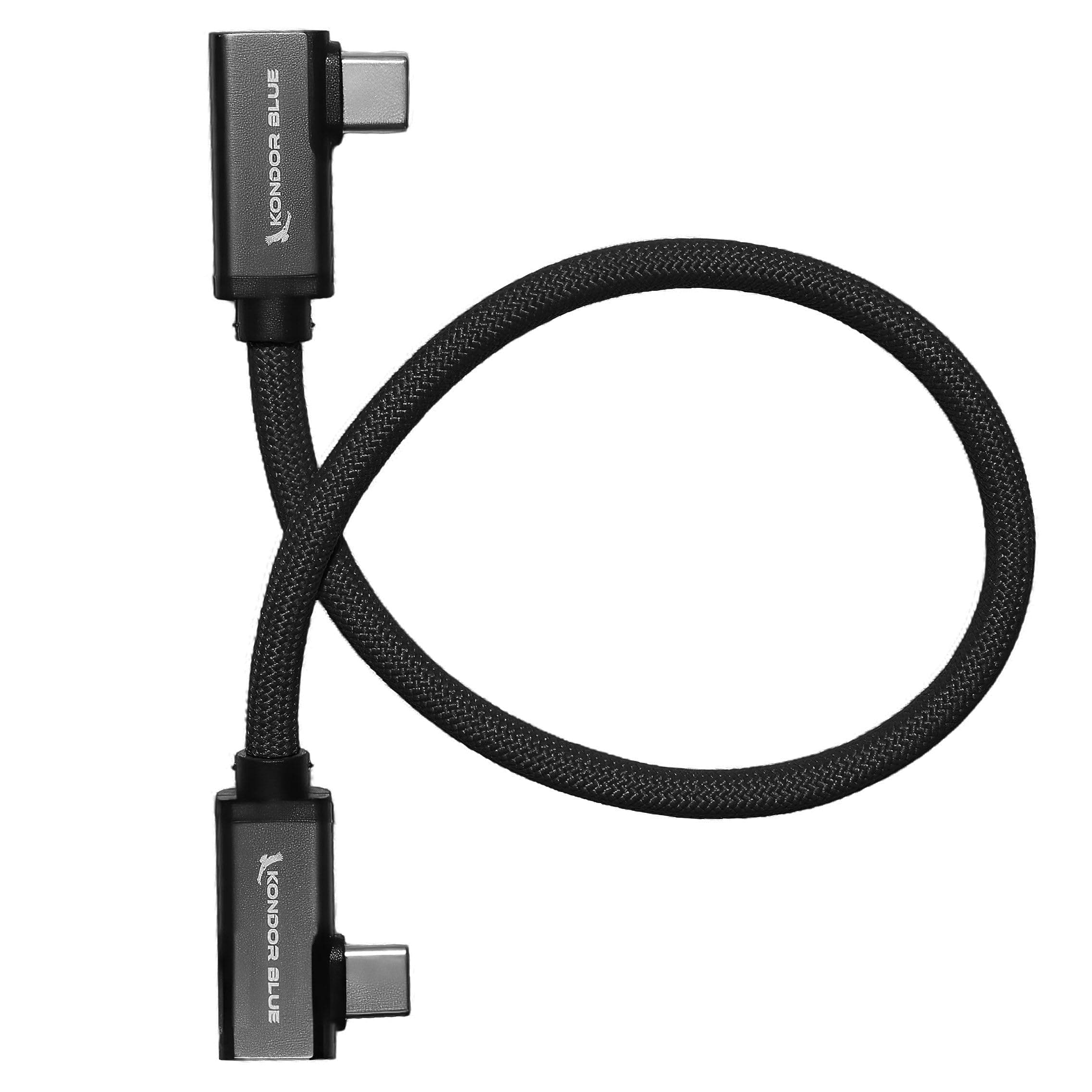 KONDOR BLUE | Dual Right Angle 12" USB-C Braided Cable for 8K Data and Power Delivery | 20 Gb/s Transfer Speed, USB PD 100W Charging, & Thunderbolt 3 Compatible | Black