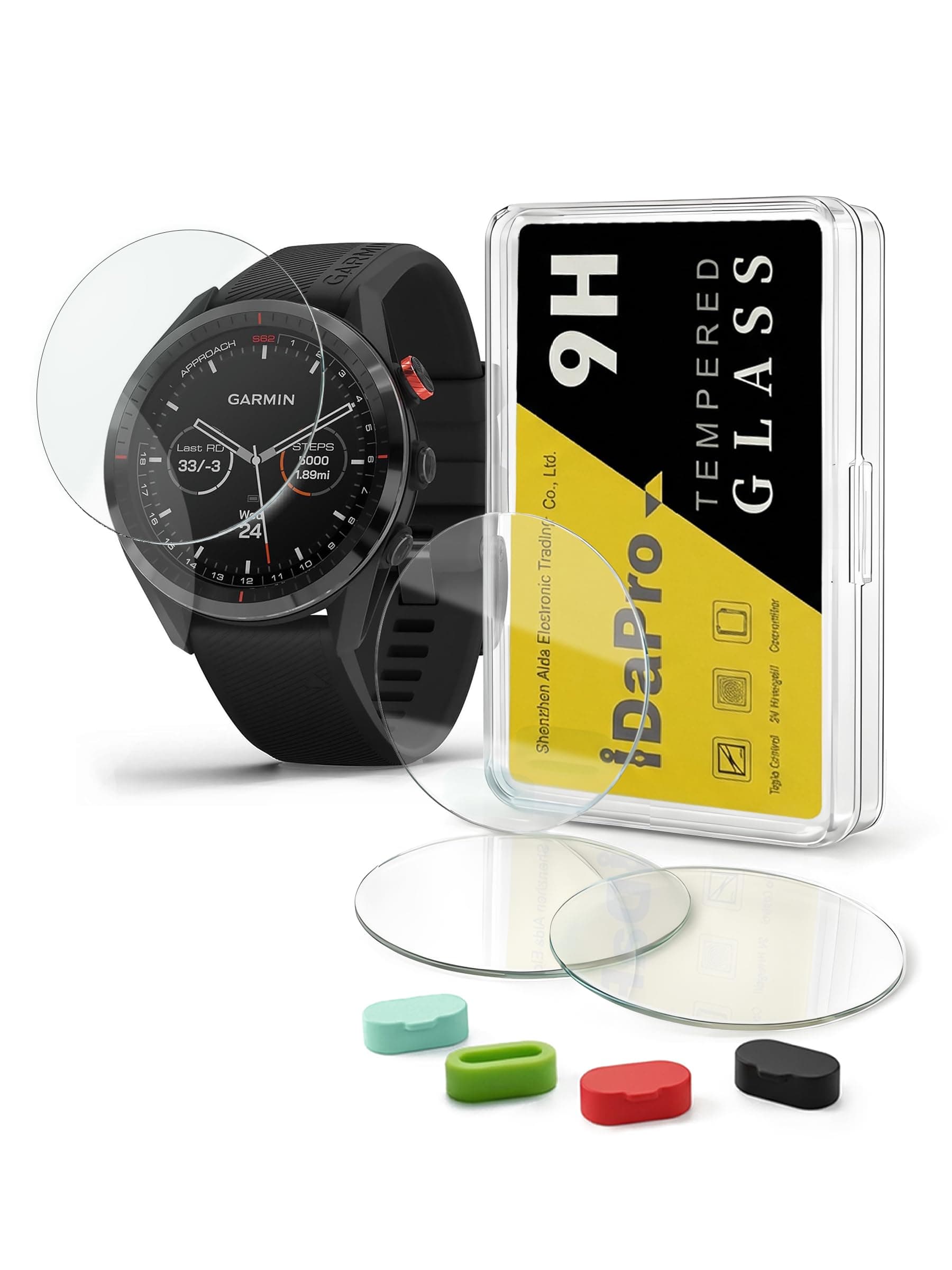 iDaPro [4+4 Pack] Screen Protector for Garmin Approach S62 Golf smartwatch with Silicone Anti-dust Plugs, 9H Tempered Glass Protection Kit in Reusable Storage Case, Anti-Scratch,Bubble-Free,Easy Installation