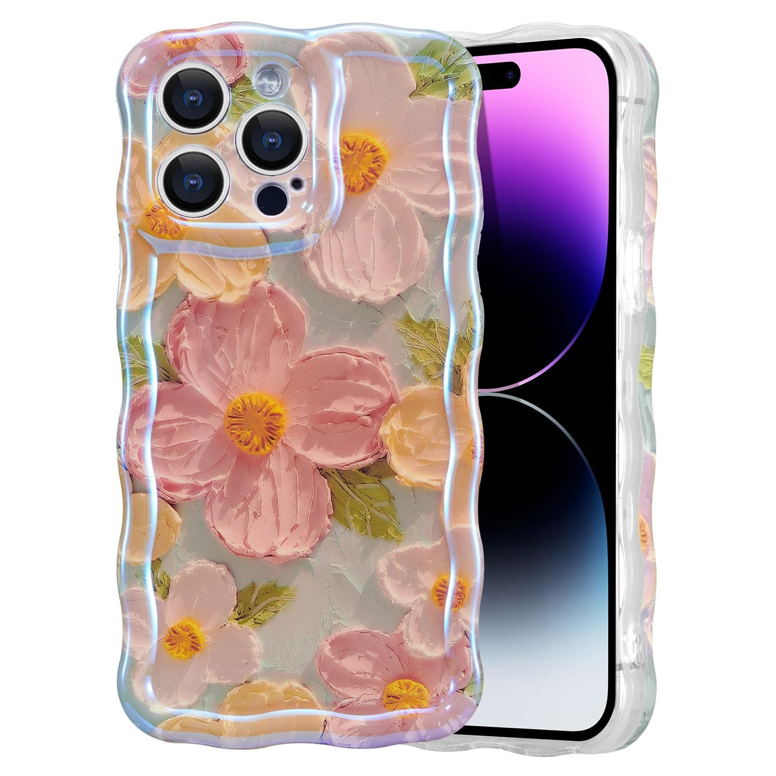 EYZUTAK Case for iPhone 13 Pro Max, Colorful Retro Oil Painting Printed Flower Laser Glossy Pattern Cute Curly Wave Edge Exquisite Phone Cover Stylish Durable TPU Protective Case for Girls Women-Green