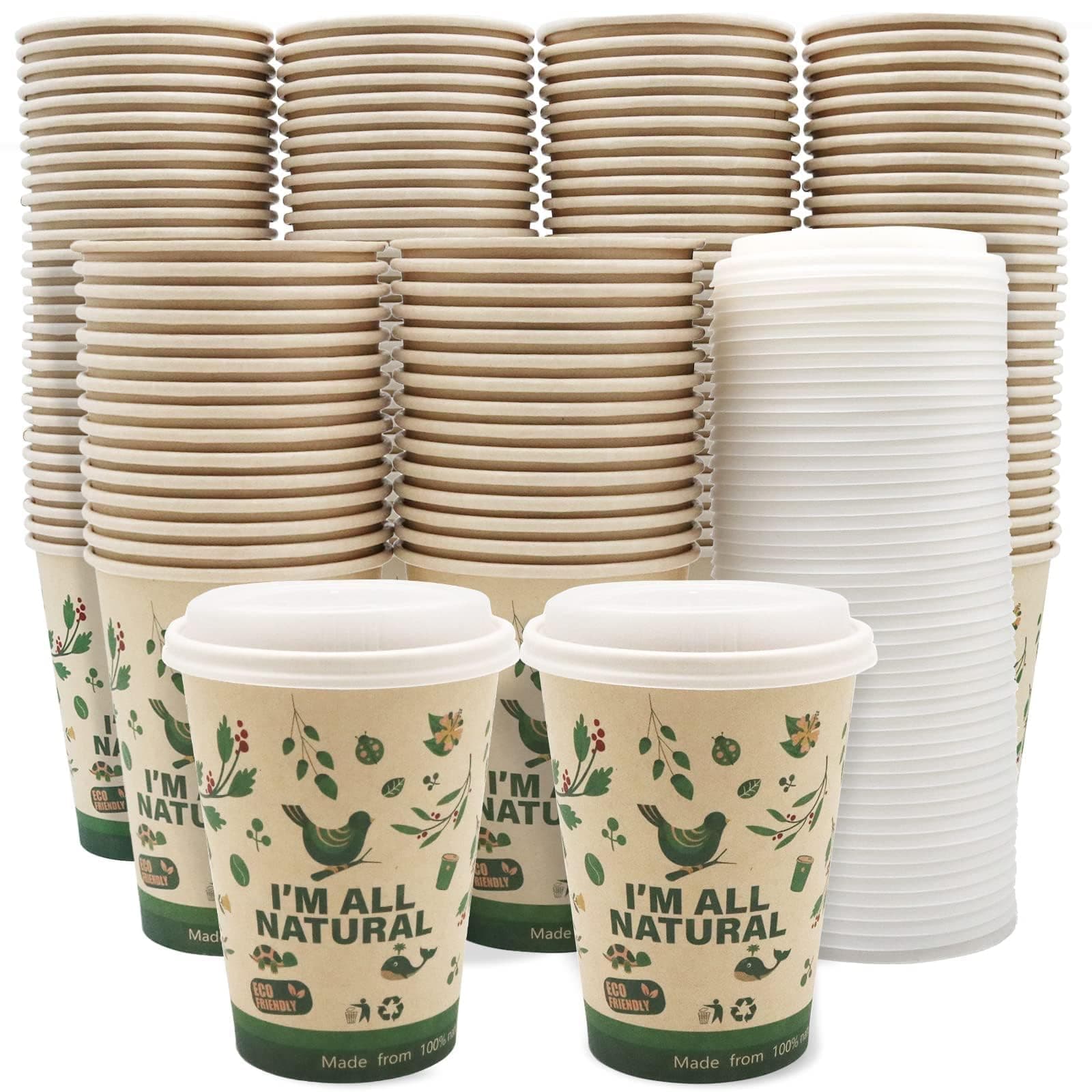 100 Pack 12oz Compostable Paper To Go Coffee Cups Lids, Biodegradable Disposable Cup, Unbleached Hot Drinking Cups for Party, Picnic,Travel and Events