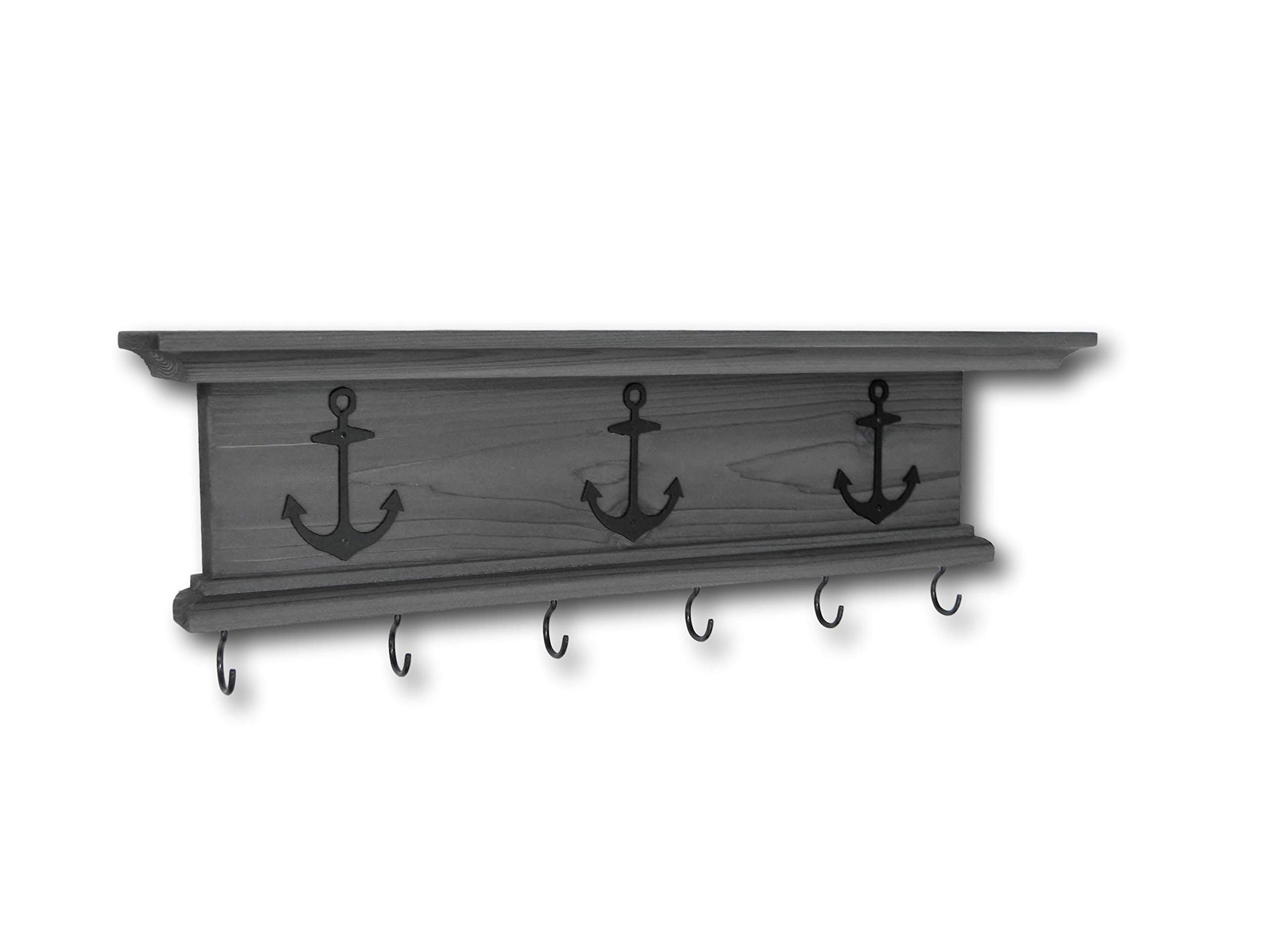 Key Holder Wall Shelf Rustic Wood Handmade Wall Mounted 18 inch with Nautical Boat Anchors (Rustic Gray)