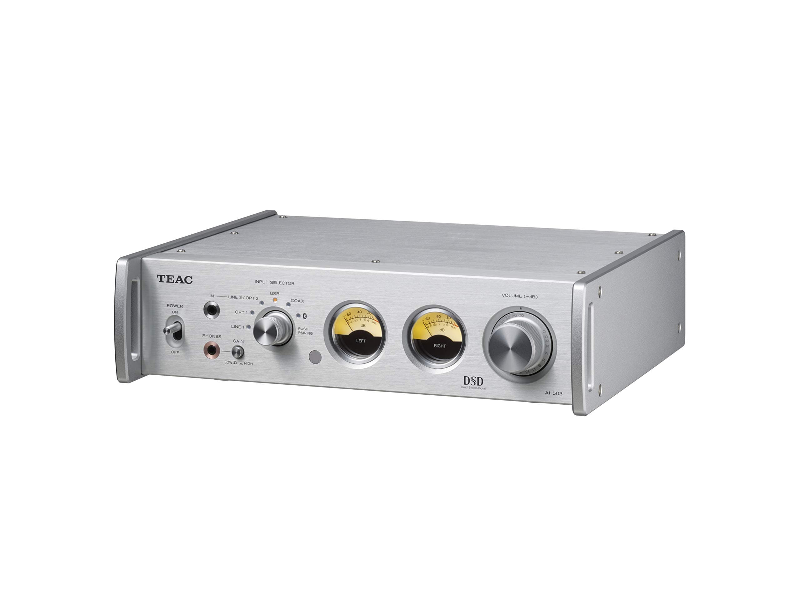 Teac AI-503-A Integrated amplifier (with Bluetooth function, analog, optical and digital inputs, pre-out, dual mono DA converter), Silver