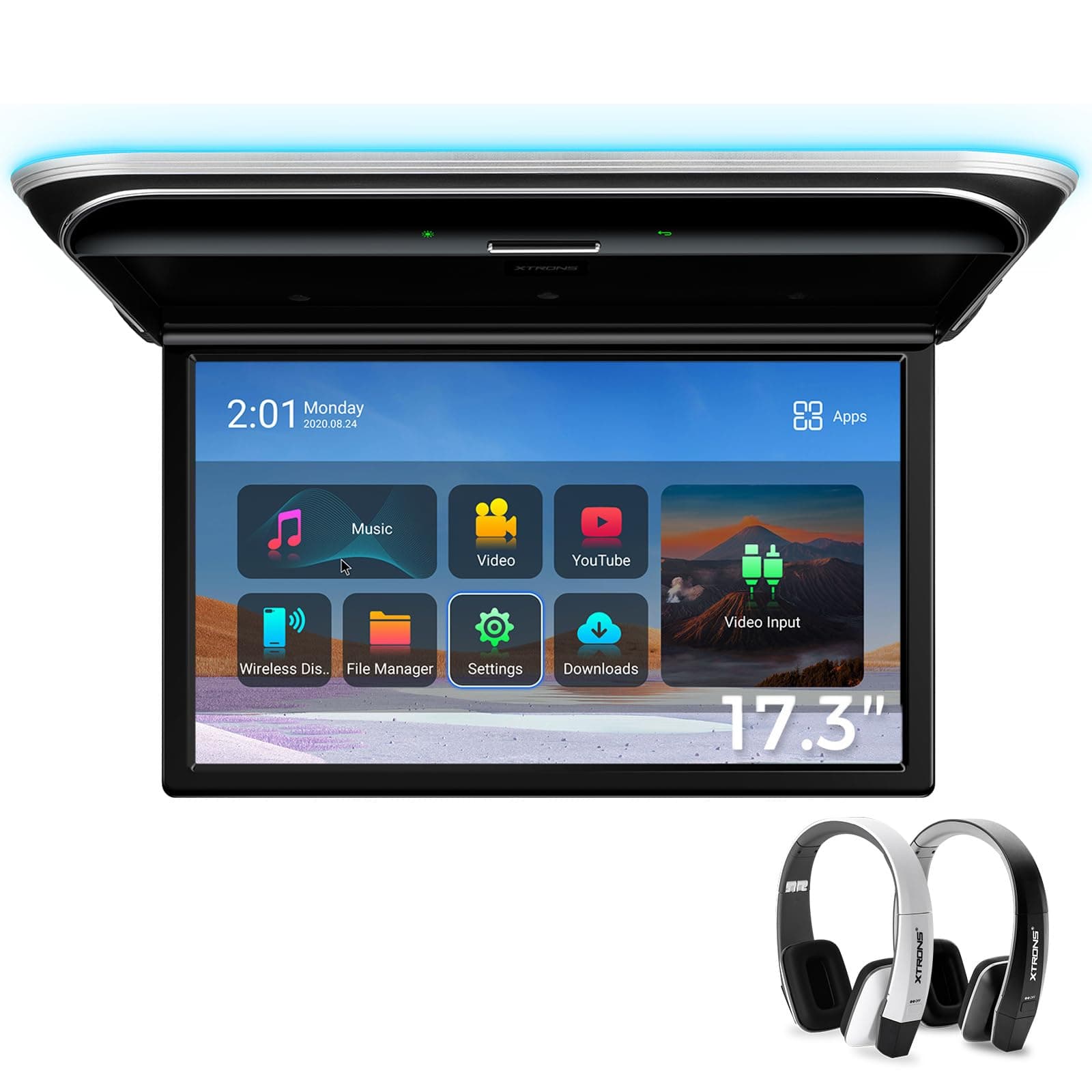 Android Car Overhead Player 17.3 Inch Wide IPS Screen 8K Video Car Roof Mount Monitor Built-in Stereo Speakers Flip Down Overhead Car Monitor Support HDMI, USB, 2 IR Headphones Included (B & W)