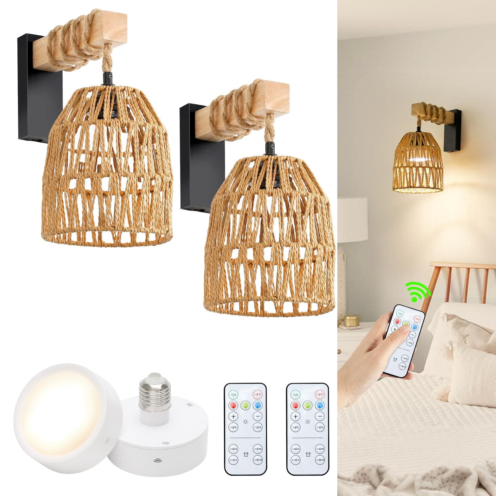 Battery Operated Wall Sconce, Boho Battery Wall Sconces Set of 2, Rattan Farmhouse Wall Lamp with Remote Control, Dimmable Wireless Wall Light for Bedroom, Living Room, Entryway